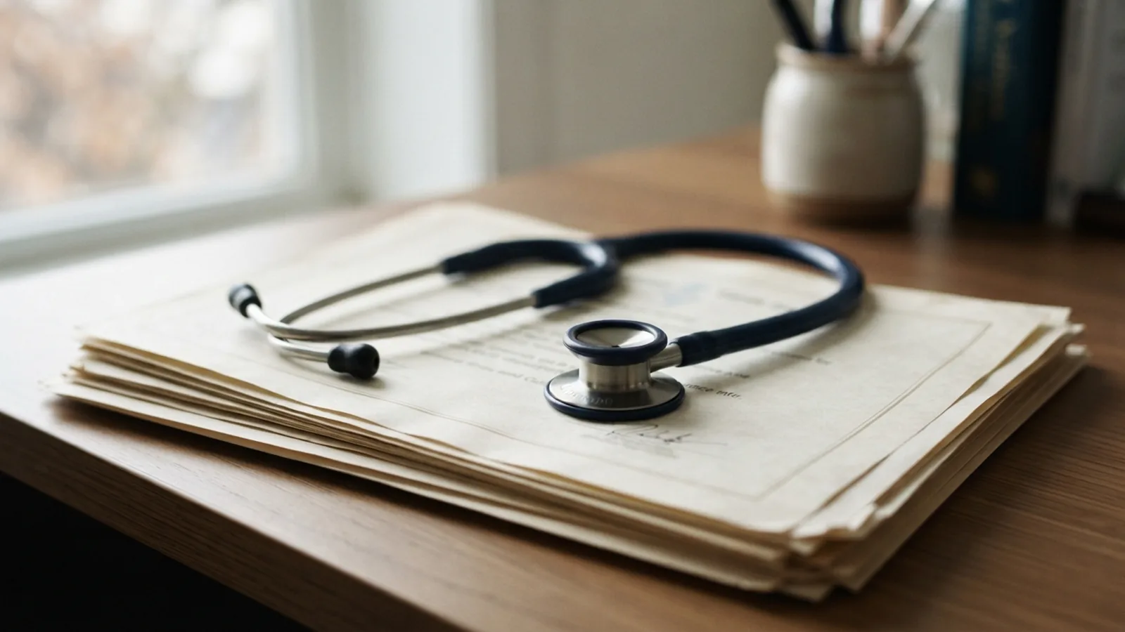 Stethoscope resting on professional certificates on a clinic desk
