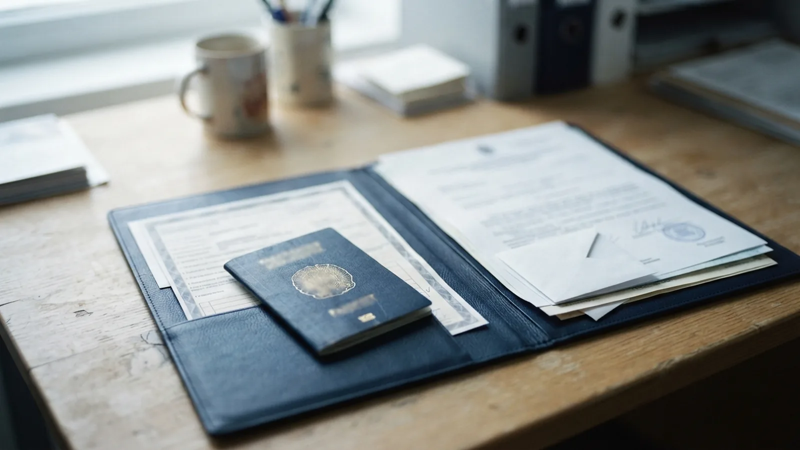 Medical qualification documents and a passport arranged in a folder