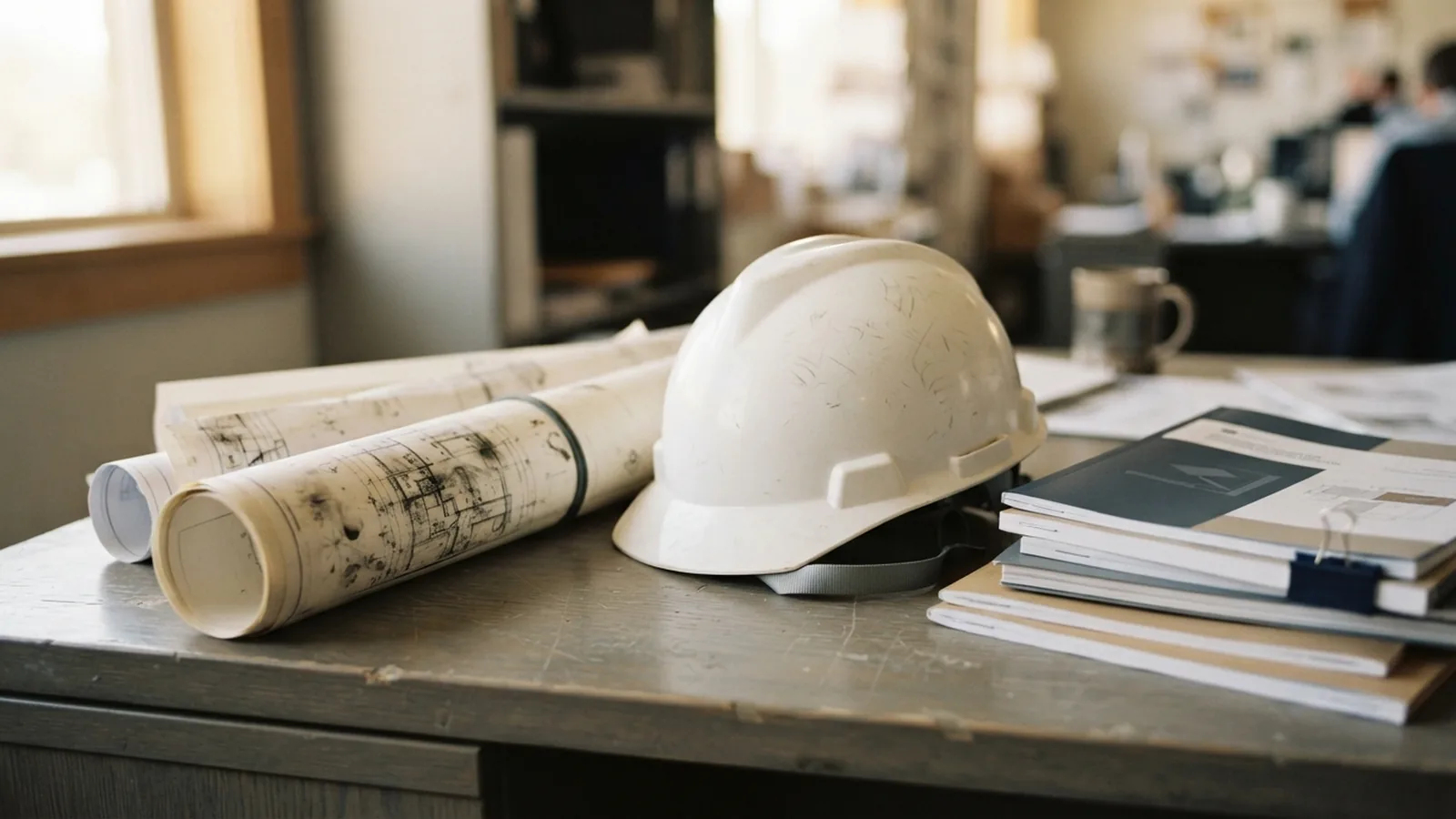Technical drawings and a hard hat on a desk beside qualification documents