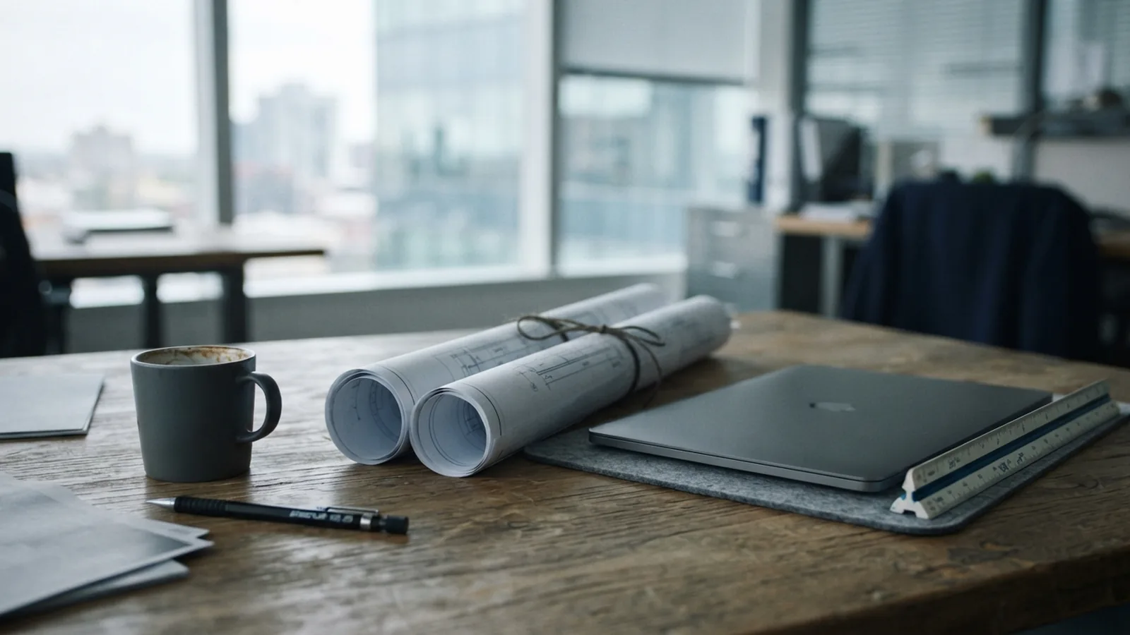 Engineering plans rolled beside a laptop in a project office