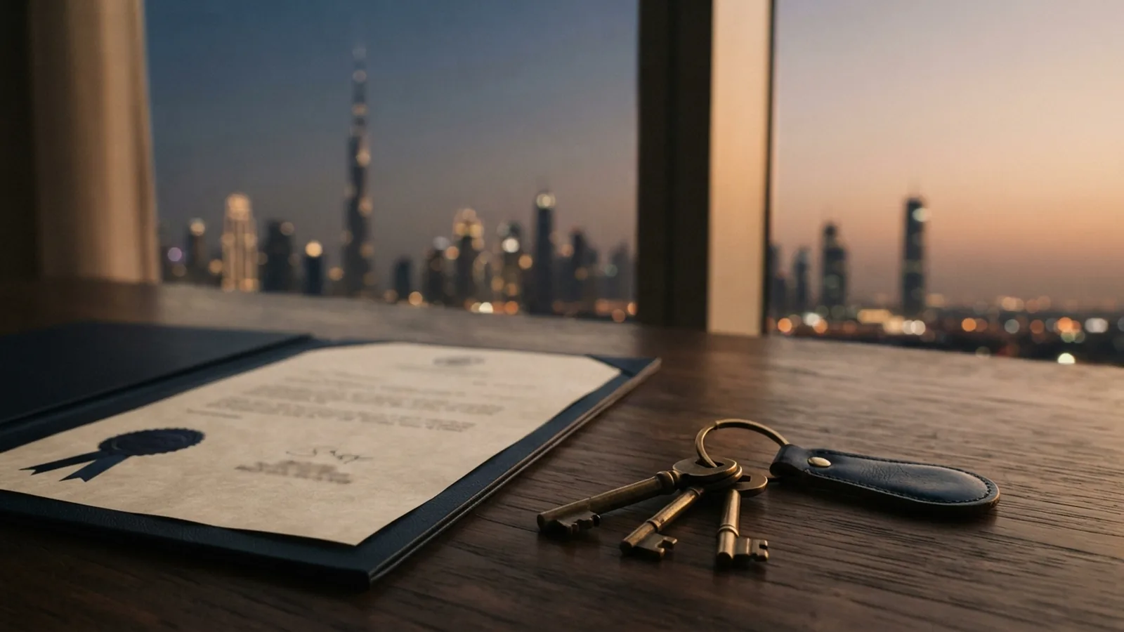 Property title document and a set of brass keys on a dark desk