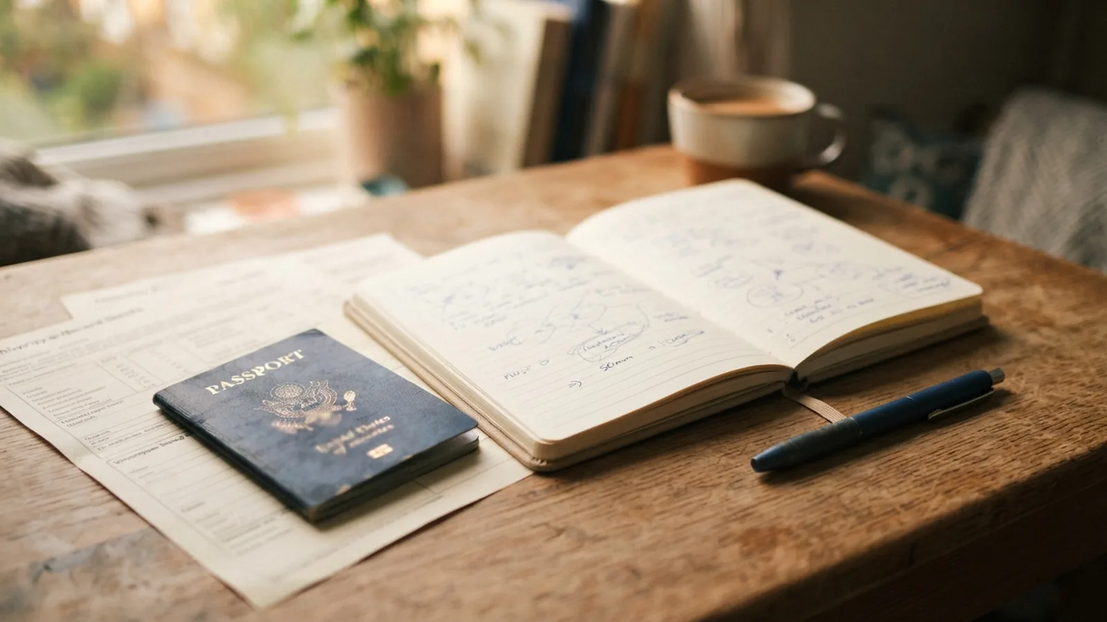 University records and a passport arranged beside a notebook