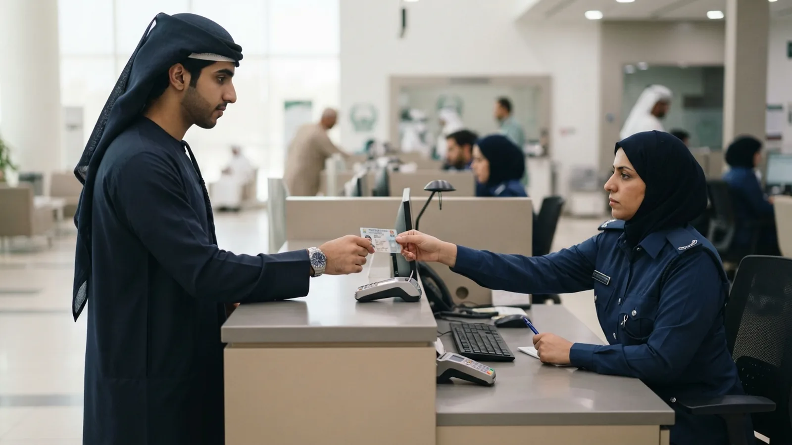 Applicant presenting an Emirates ID at a Dubai Police service counter