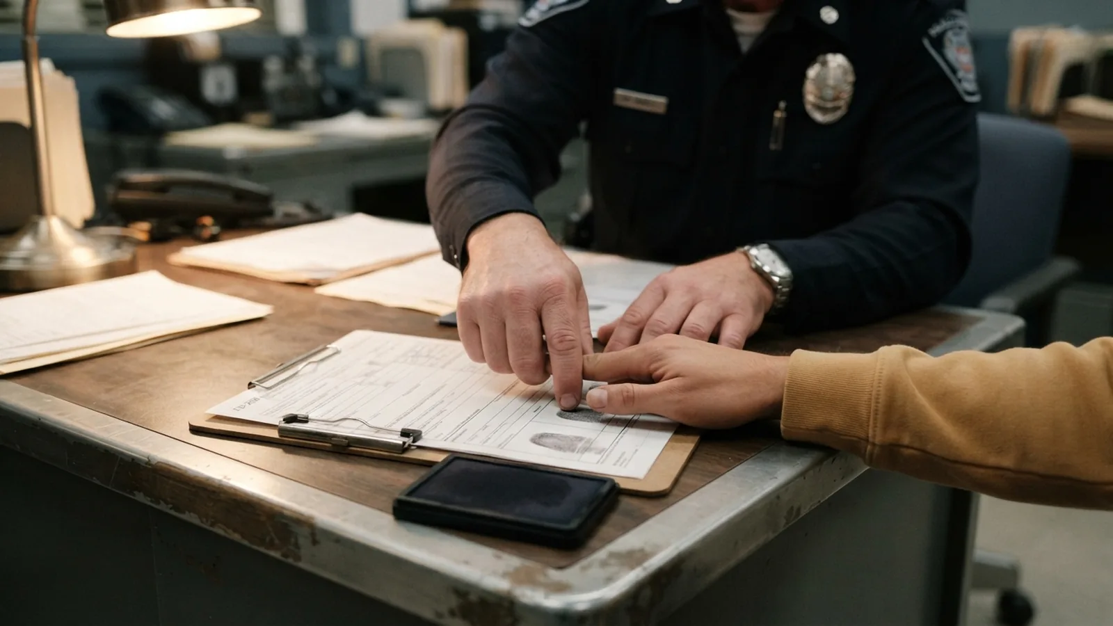 Fingerprint form being completed at a police station desk