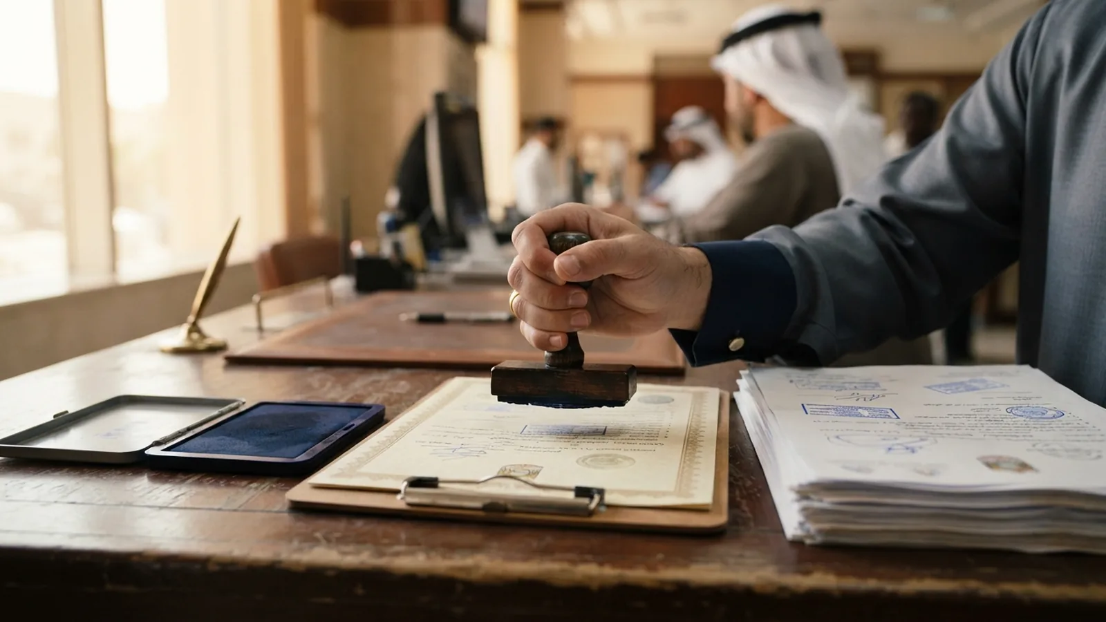Official UAE document receiving an attestation stamp at a counter