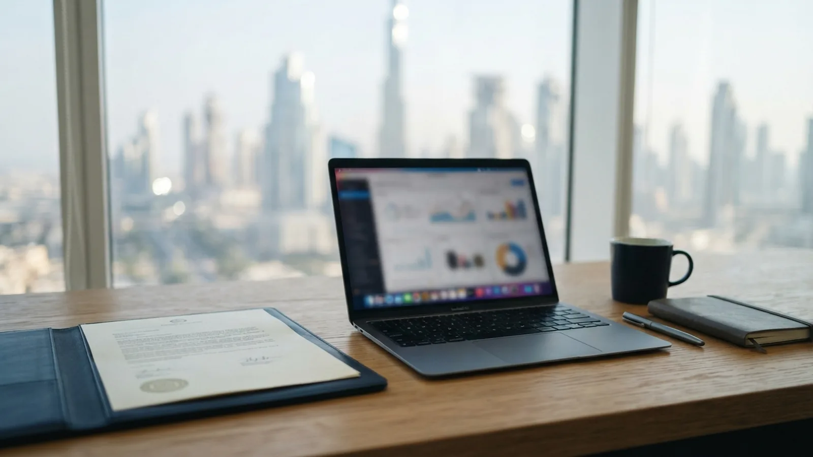 Business licence documents and a laptop on a modern Dubai office desk