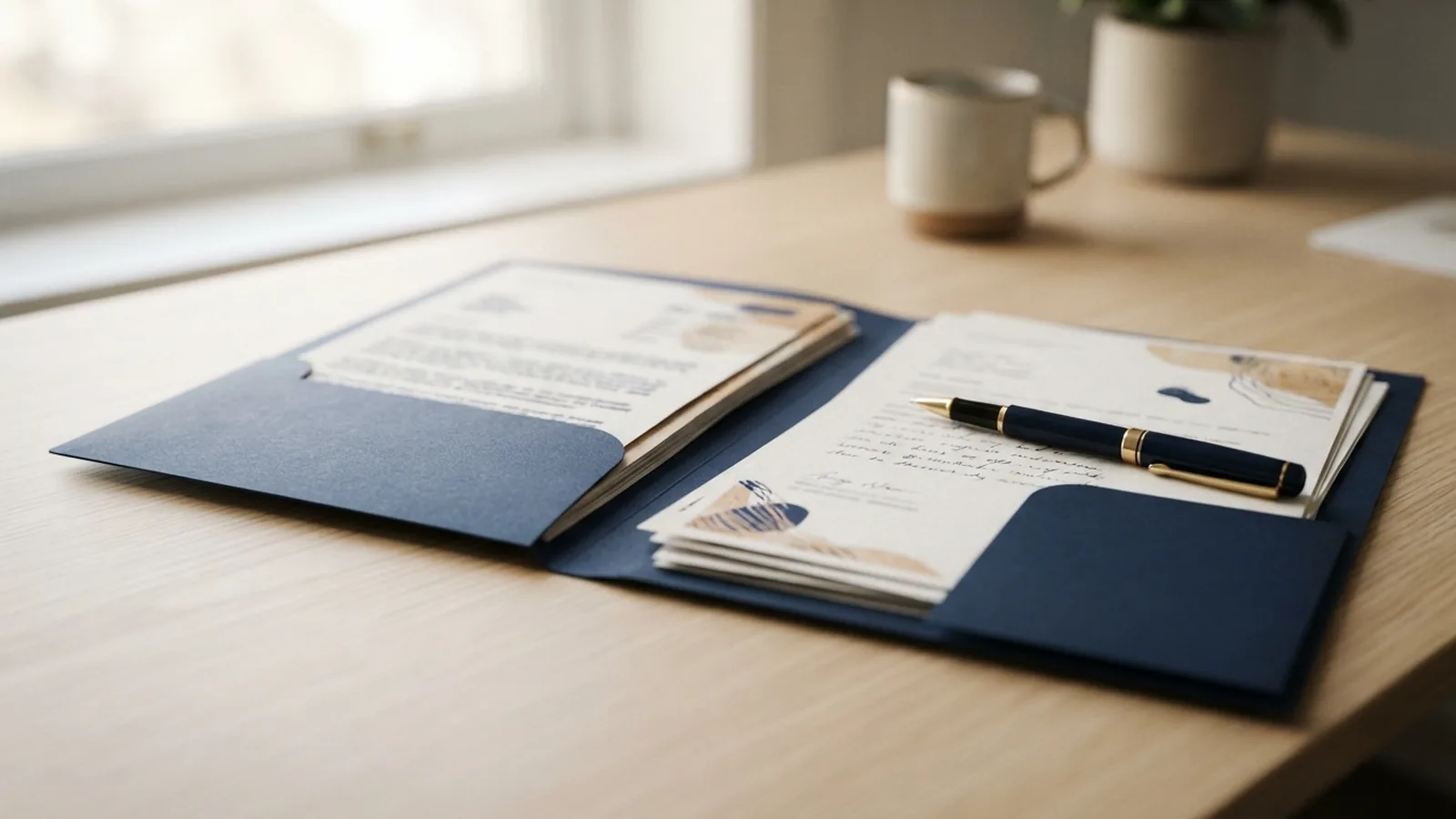 Company formation paperwork arranged in a folder beside a pen