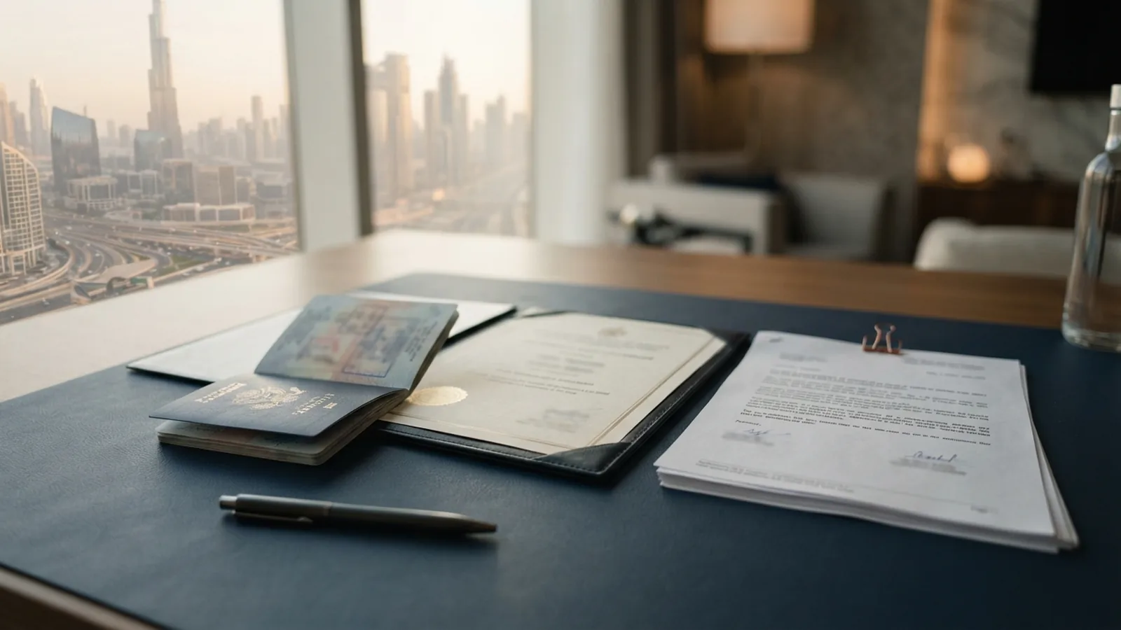 Attested certificate and passport laid out on a desk at a Dubai document office