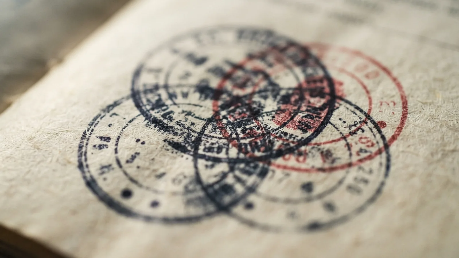 Close-up of consular attestation stamps on an official document