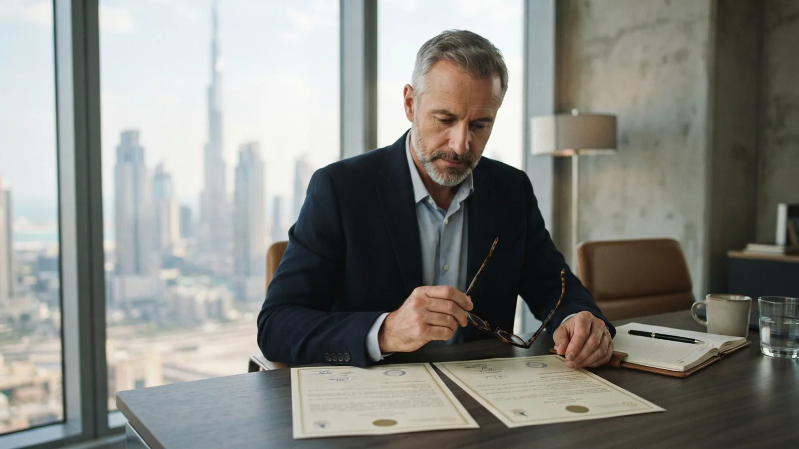 Business owner reviewing a trade licence and share certificate in a Dubai office