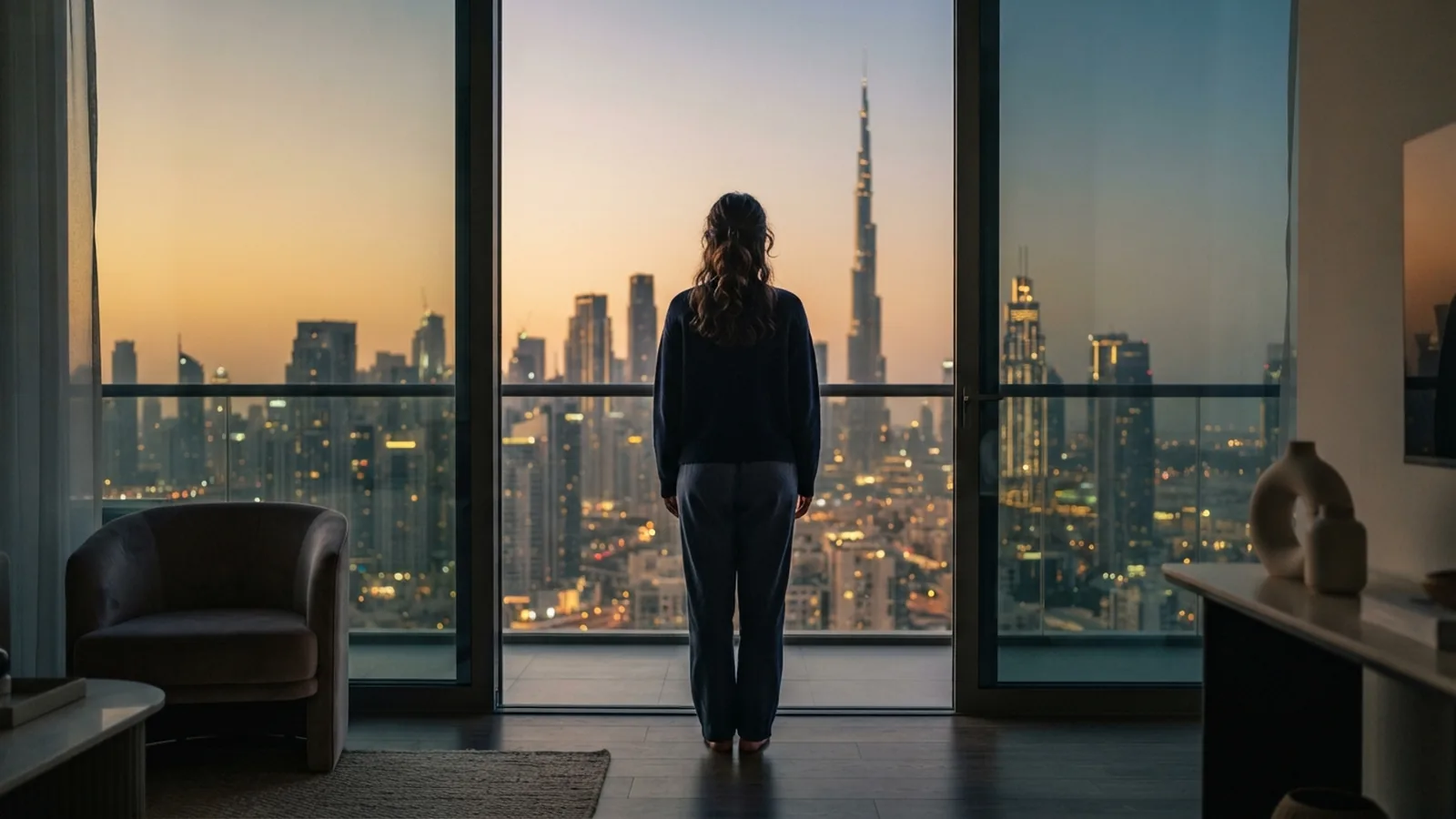 Investor looking out over the Dubai skyline from a residential apartment