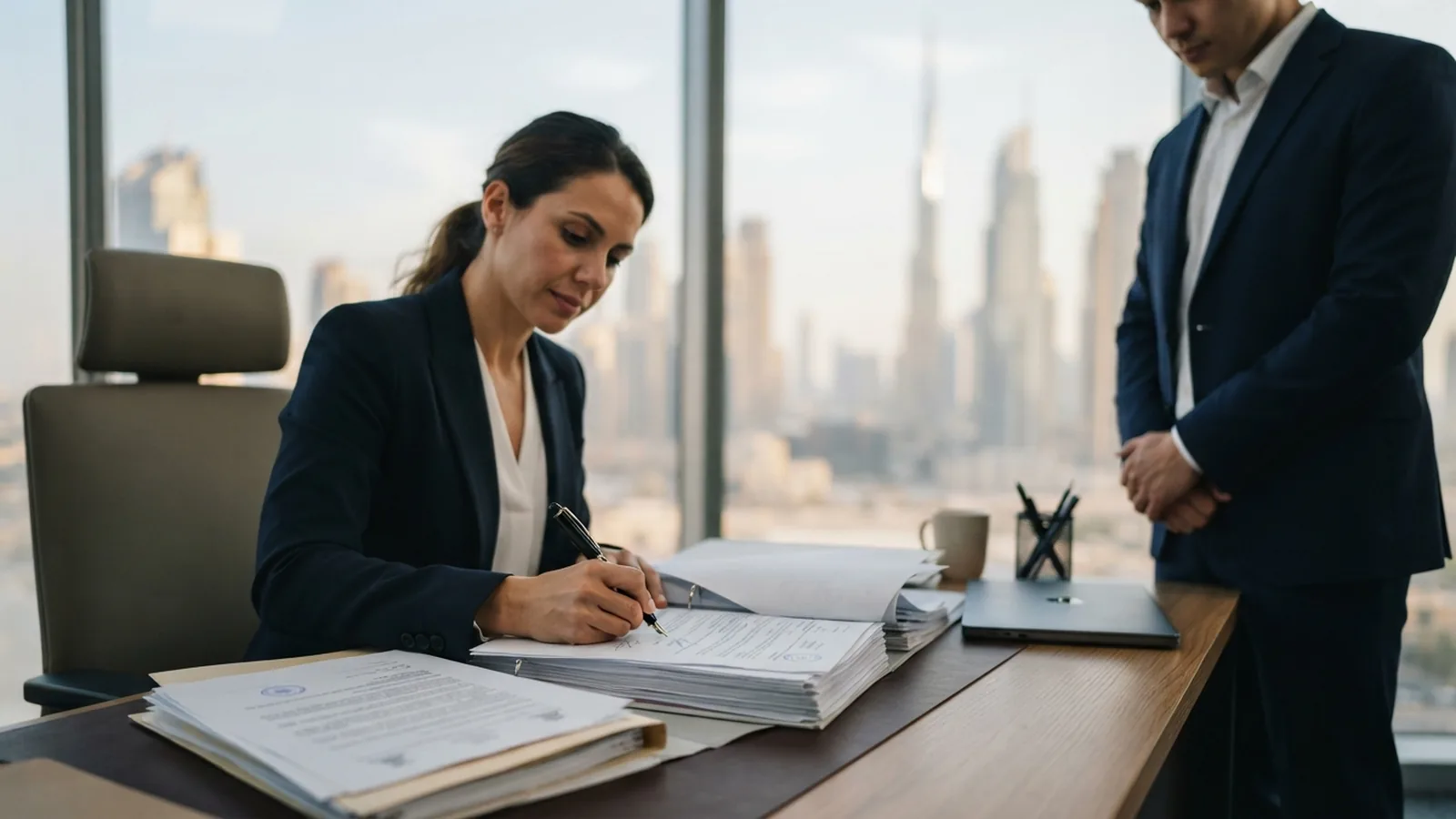 Founder signing company documents at a desk in Dubai