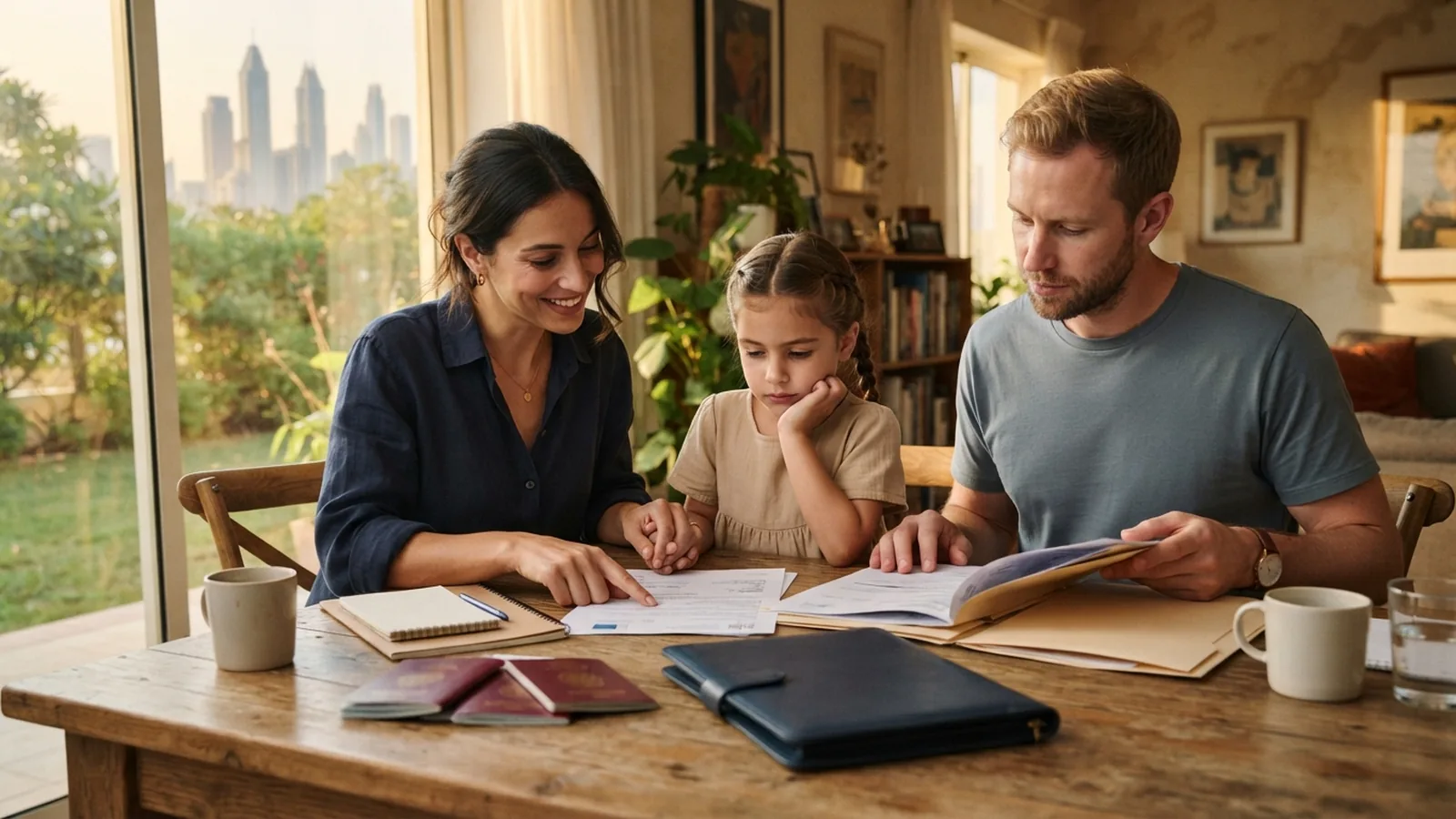 Family reviewing dependant visa paperwork together at home in Dubai