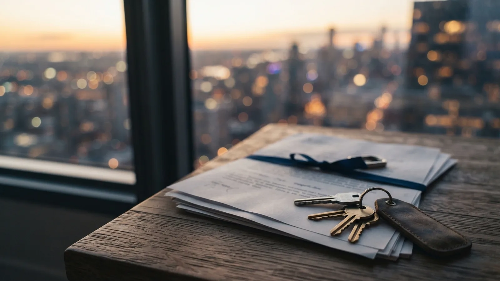 Property documents and keys on a desk with a city view beyond