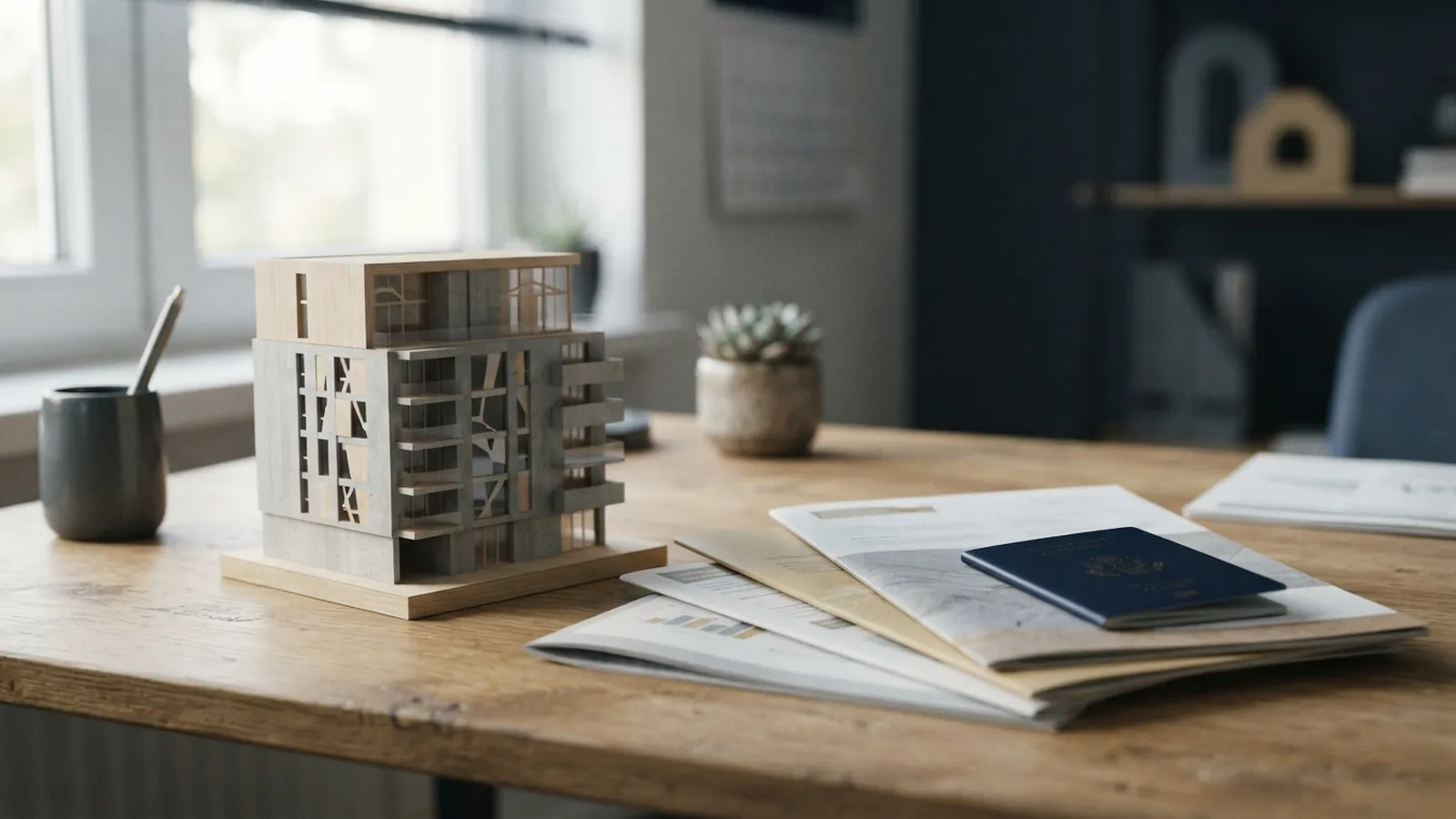 Title paperwork and a passport arranged beside a model apartment block