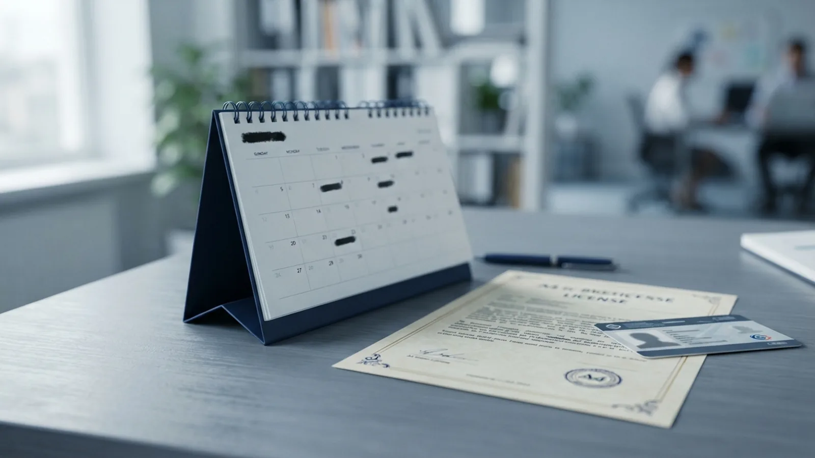 Business licence document and an identity card lying beside a desk calendar