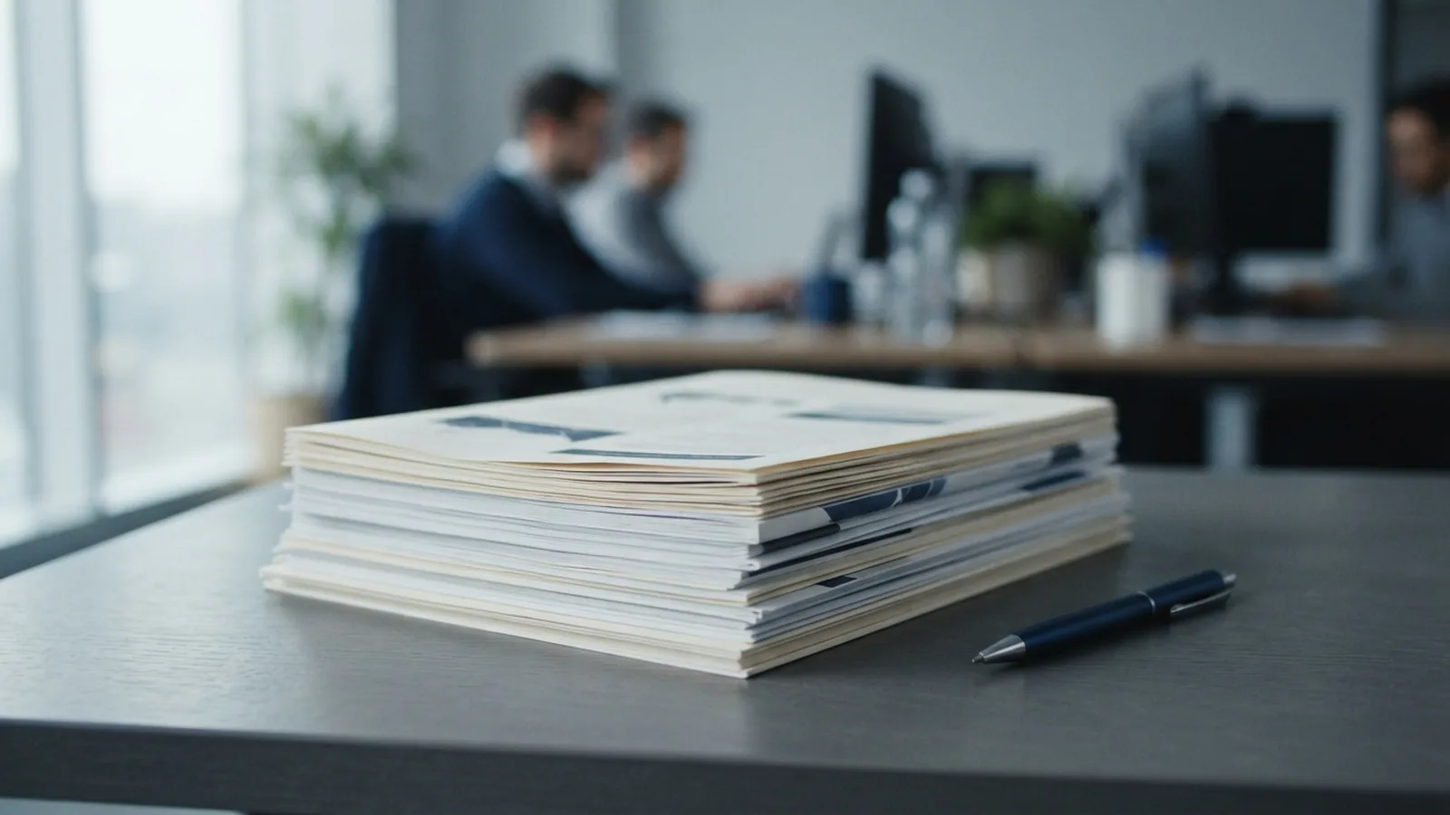Tidy stack of corporate paperwork squared up on an office desk with a pen