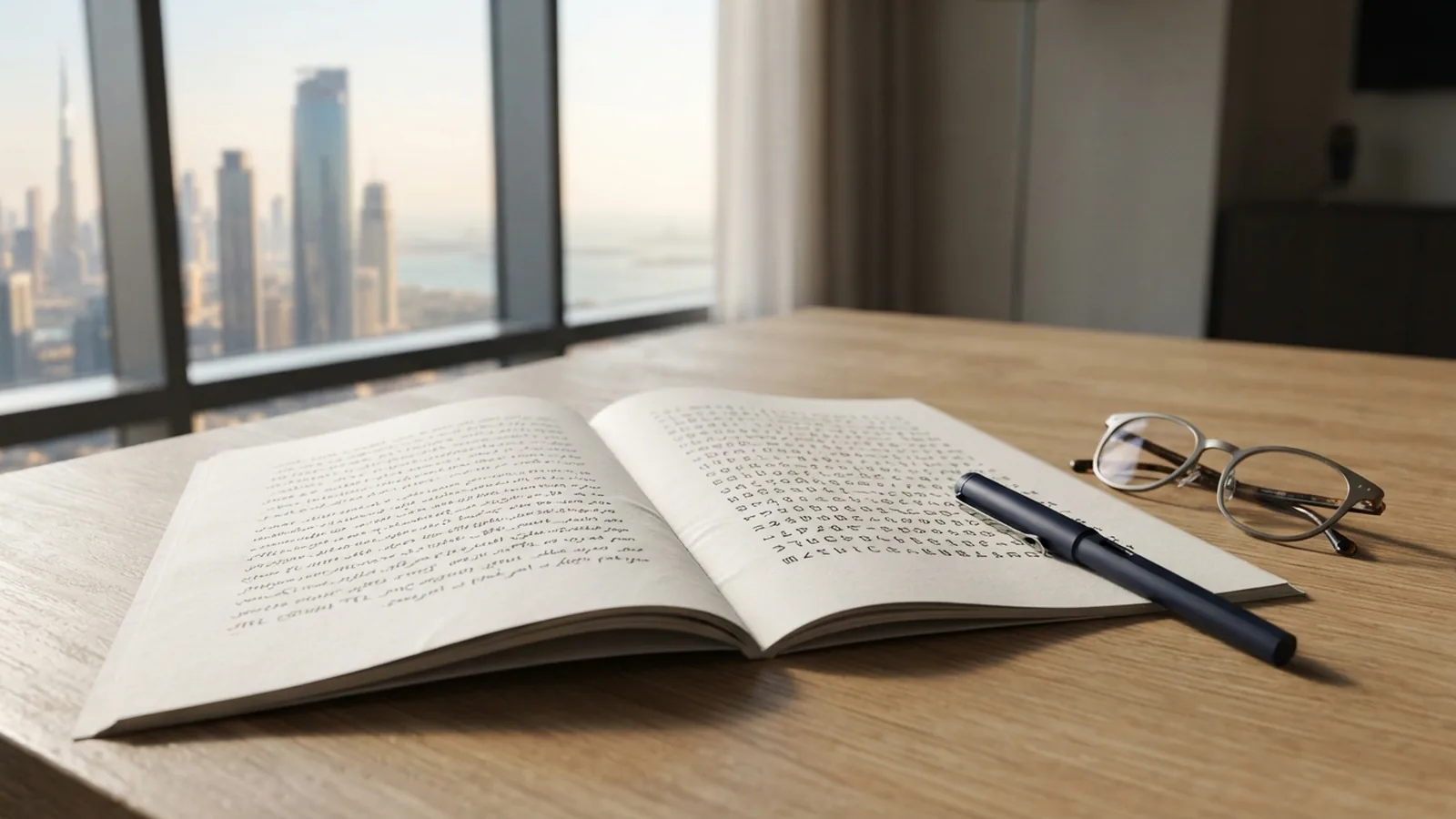 Bilingual employment contract being reviewed on a desk in a Dubai office