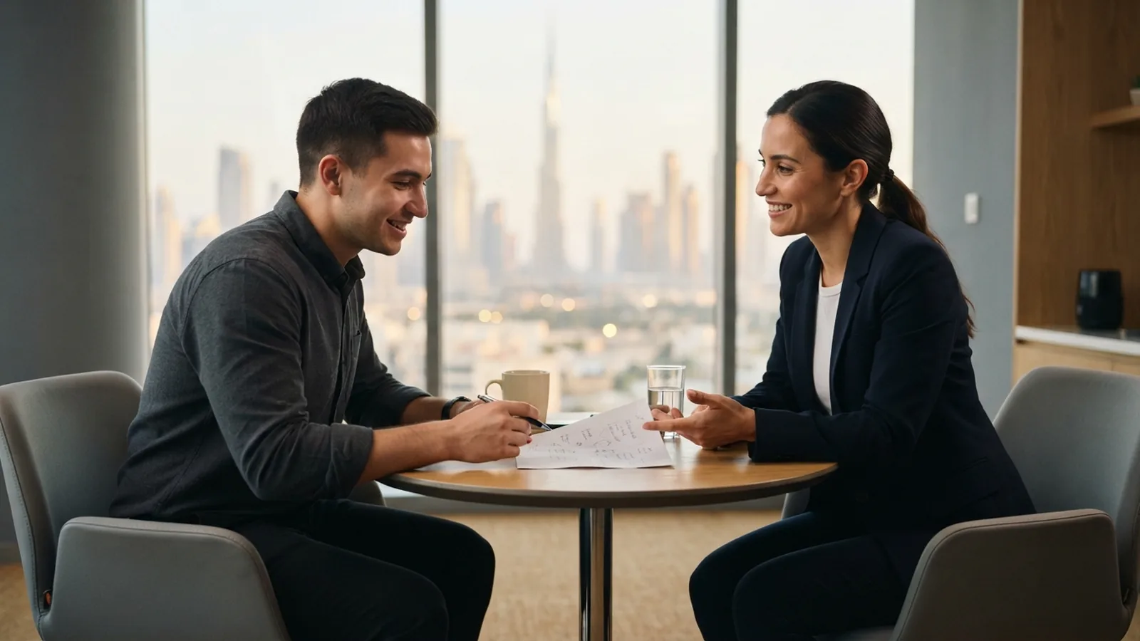 Manager and employee discussing a salary amendment across a meeting table