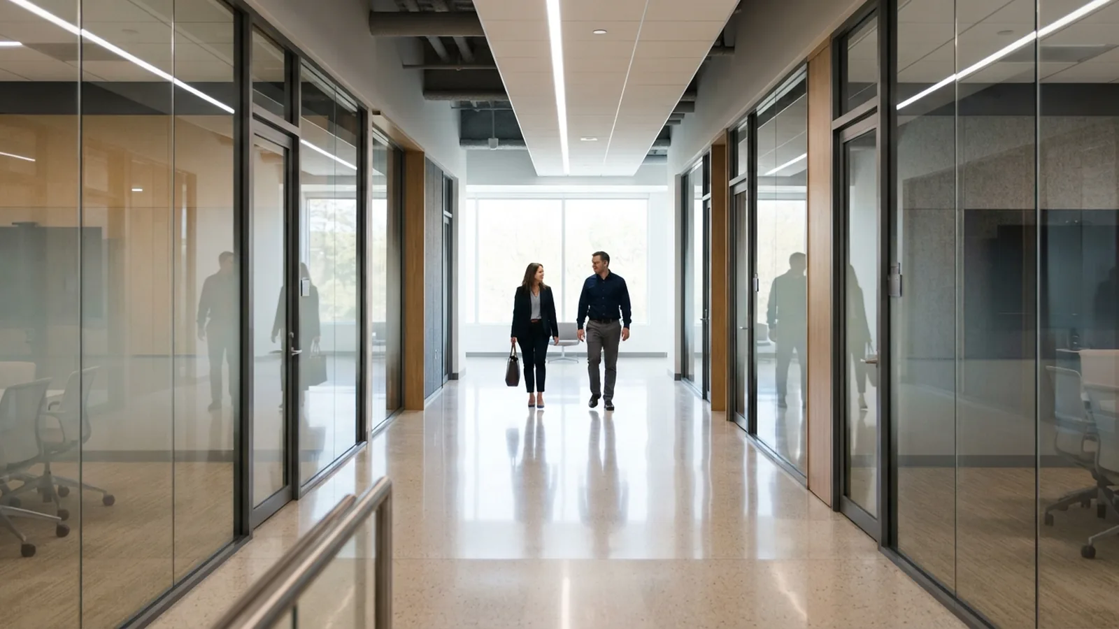 Free zone office corridor in Dubai with staff walking between meeting rooms