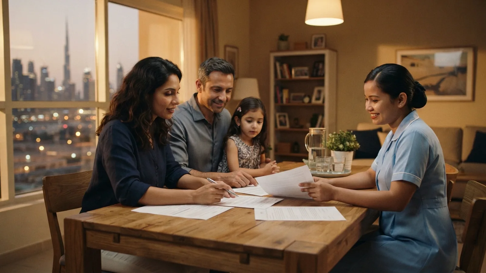 Family reviewing sponsorship documents at a dining table in a Dubai apartment