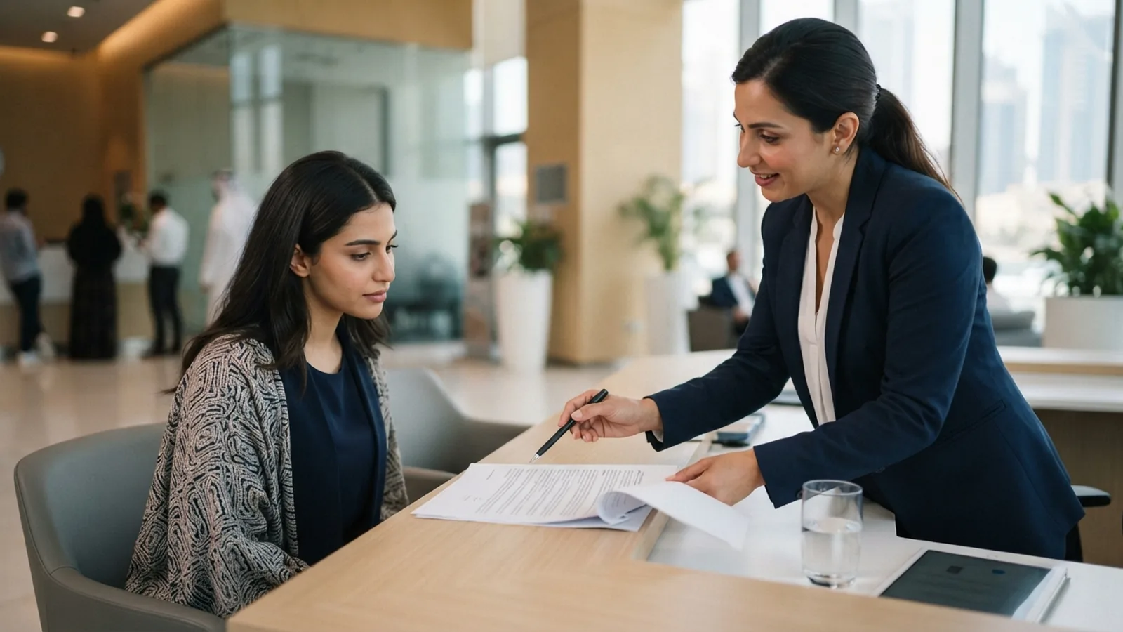 Advisor explaining a domestic worker employment contract at a service centre counter