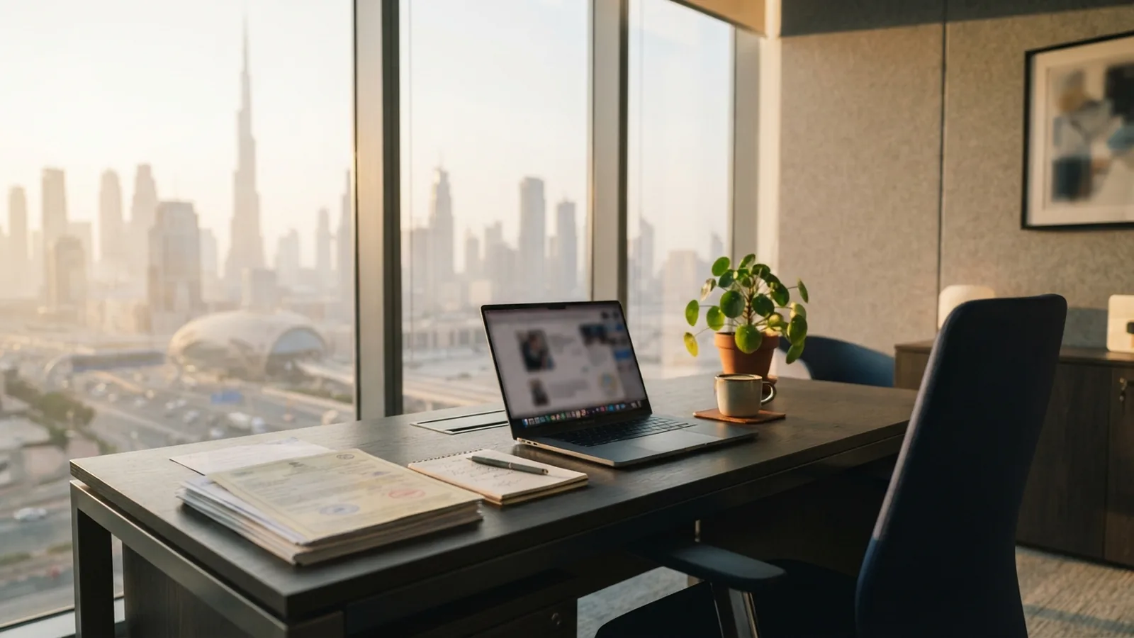 Contemporary Dubai office desk with paperwork, a laptop and a small plant