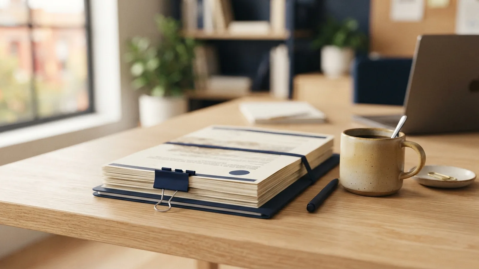 Business formation documents beside a ceramic coffee cup on a light wood desk