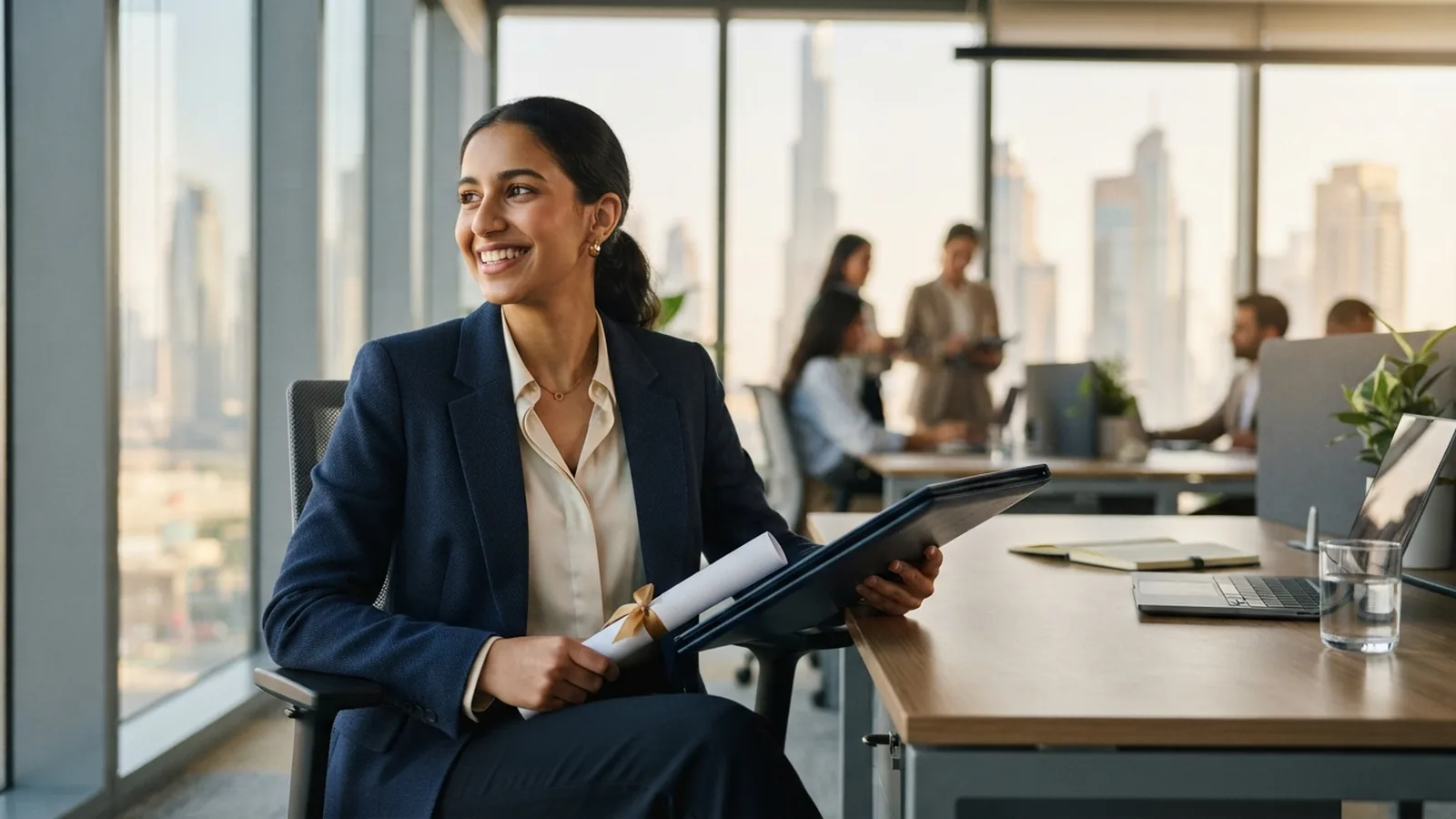 Graduate holding a degree certificate and transcripts at a desk in Dubai