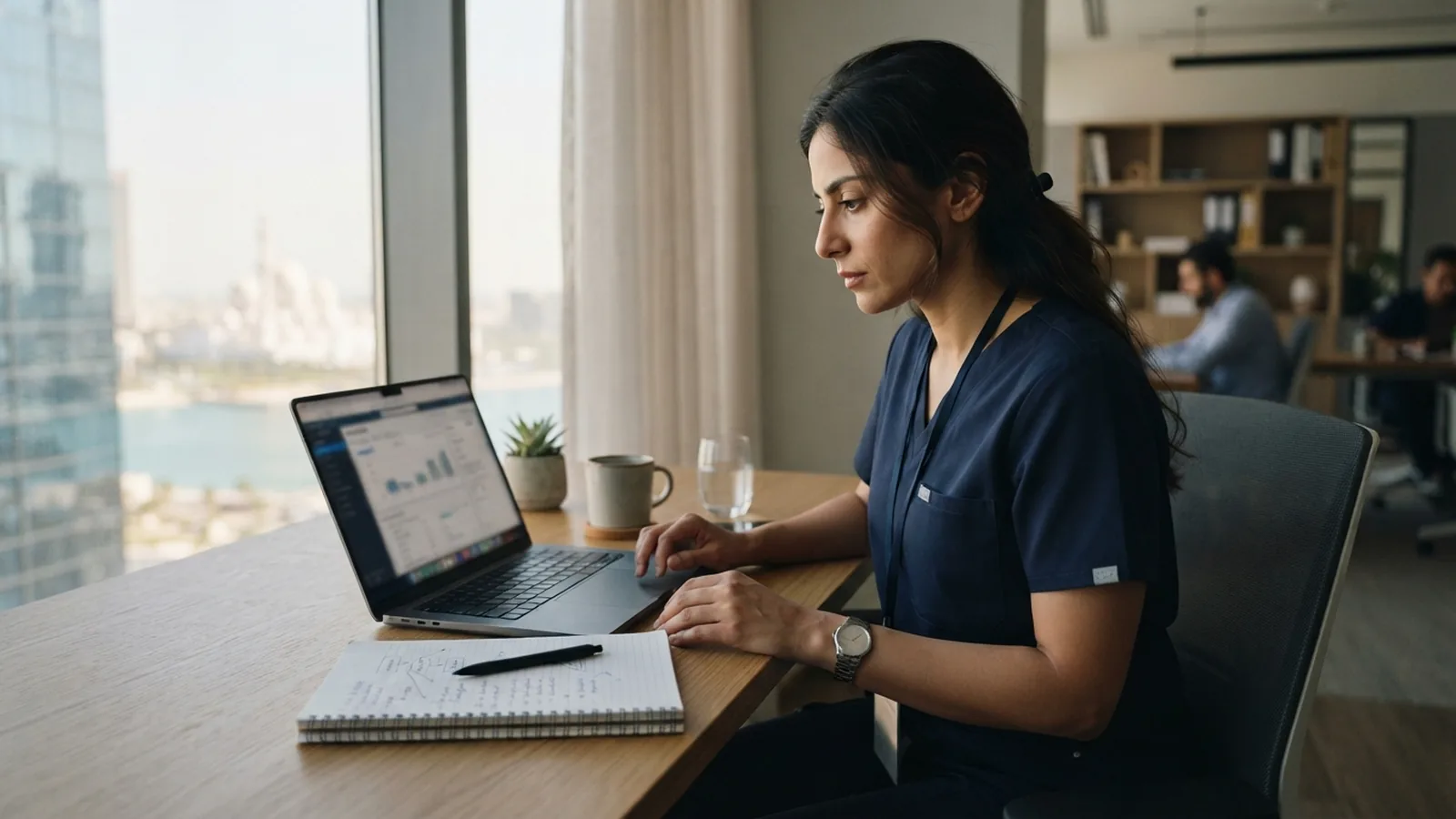 Professional reviewing licensing requirements on a laptop in a UAE office