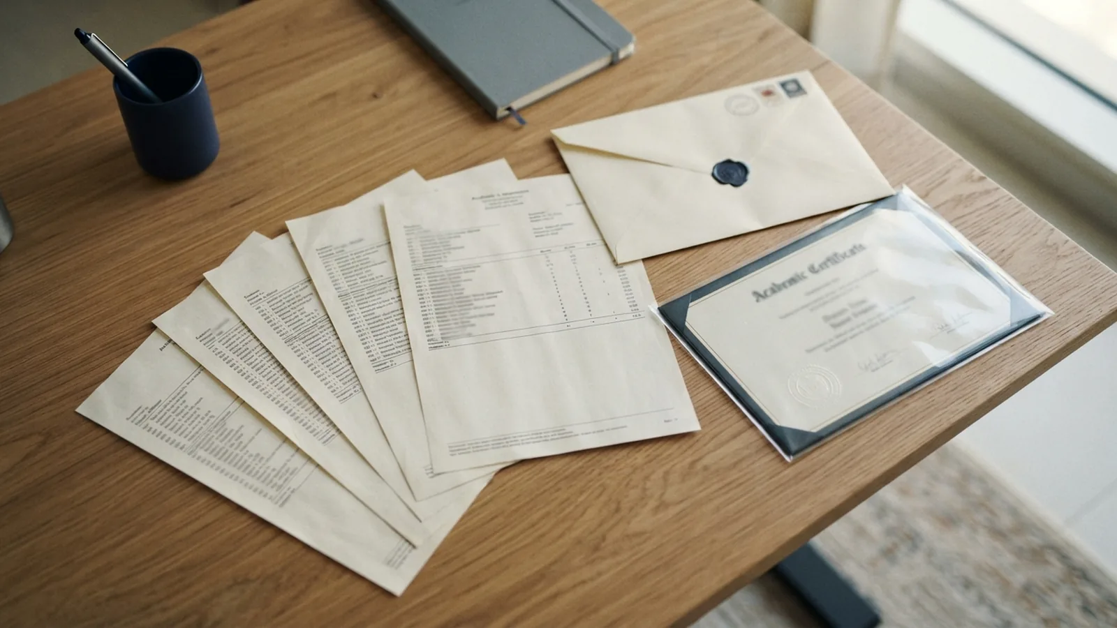 Academic transcripts spread across a table for an equivalency application