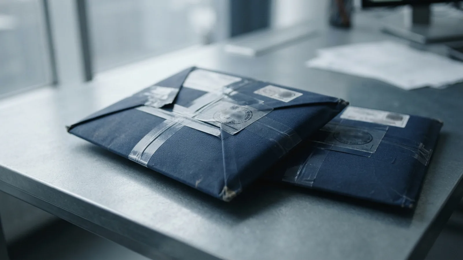Documents prepared for submission beside a courier envelope