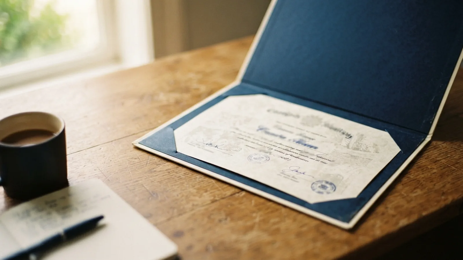 Completed certificate returned inside an open card folder on an office desk