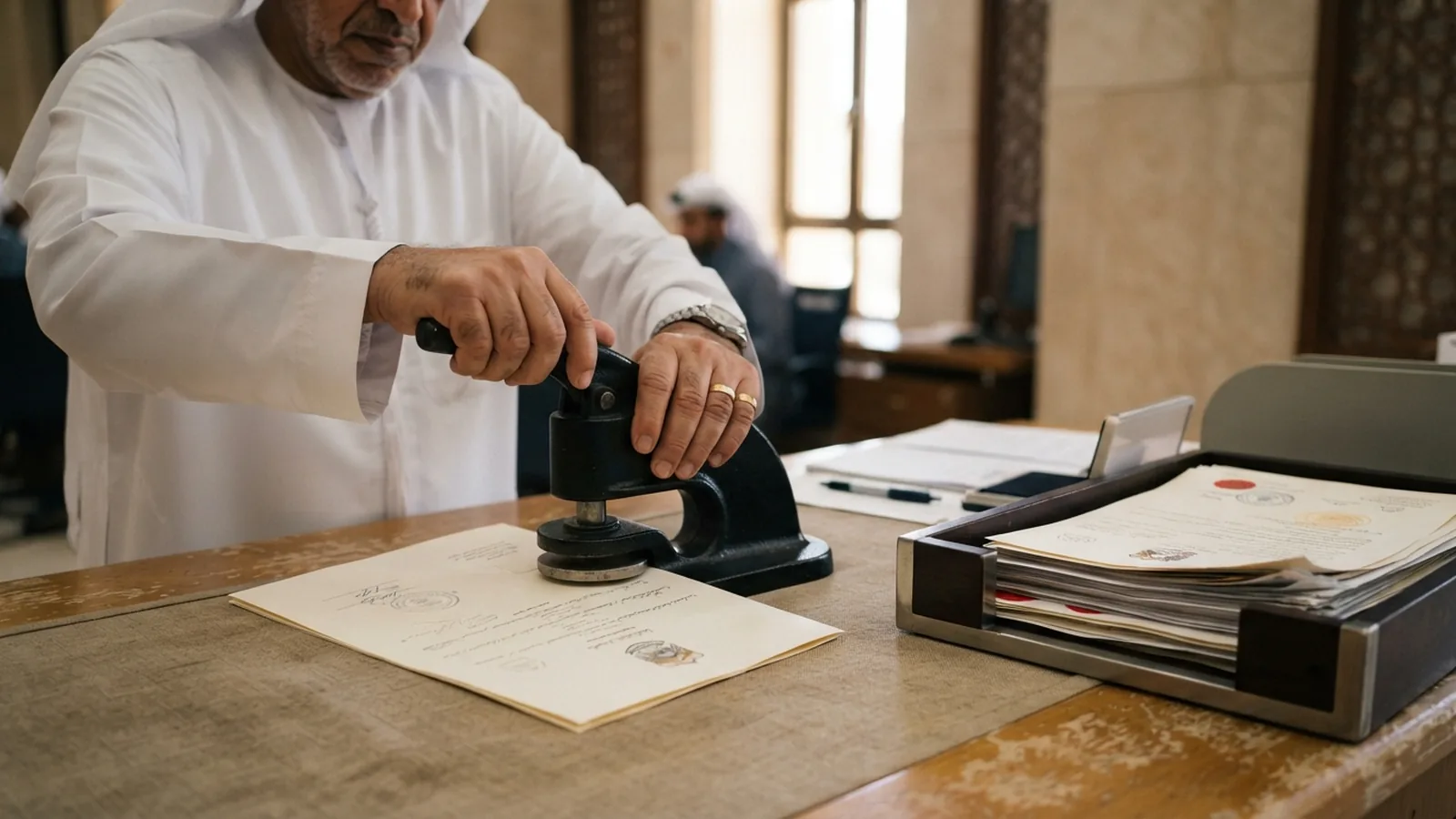 Official document receiving an attestation stamp at a UAE ministry counter