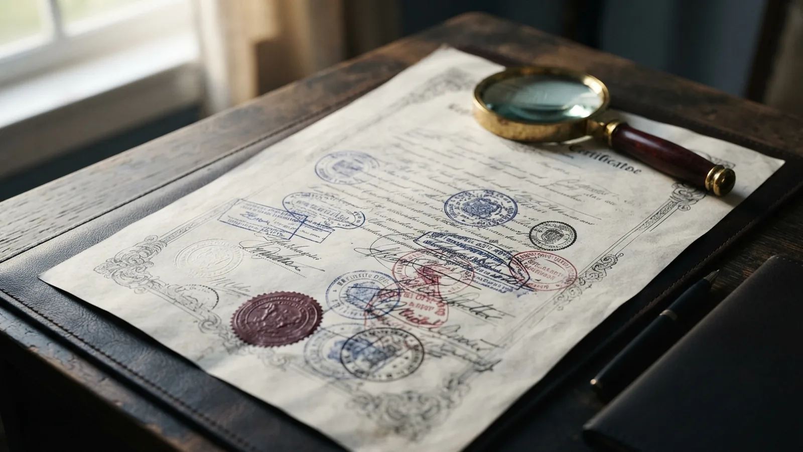 Degree certificate with multiple attestation stamps laid out for inspection