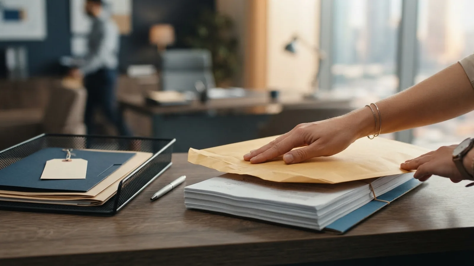 Courier envelope of documents being prepared for embassy submission in Dubai