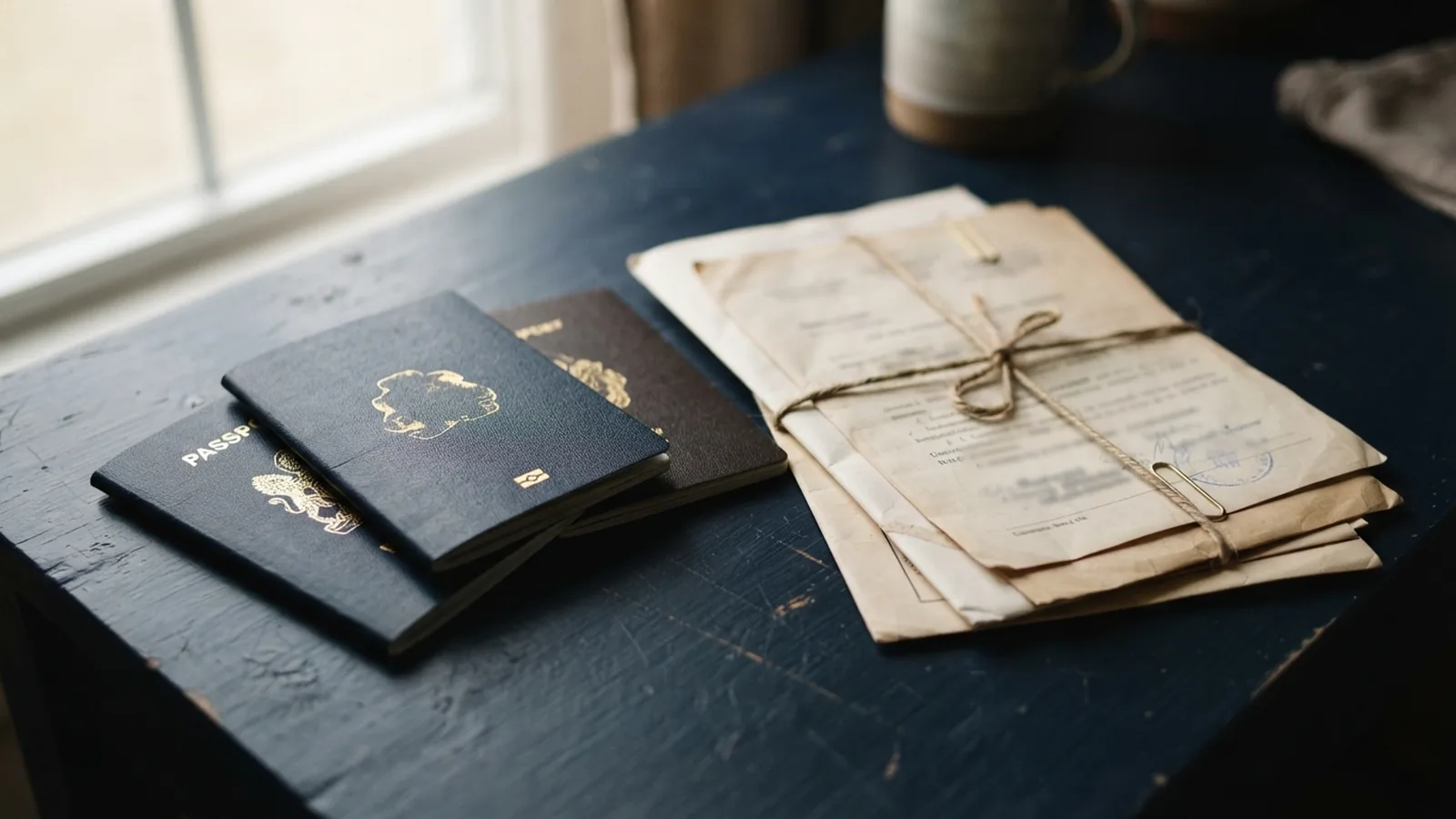 Family residency documents and passports arranged for a visa application