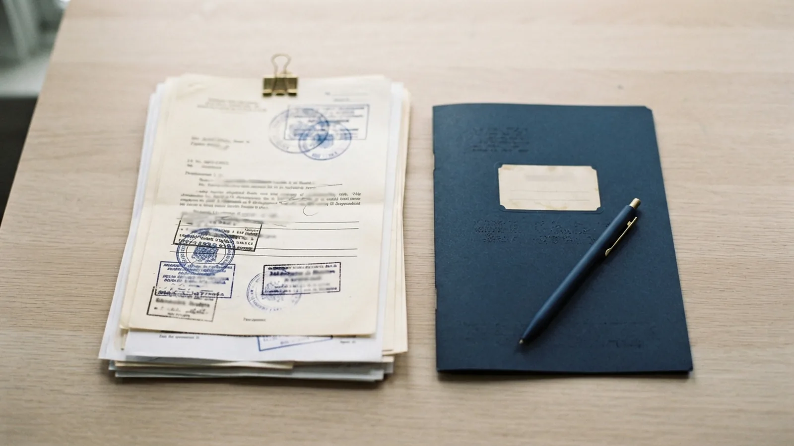 Attested civil documents stacked beside an application folder