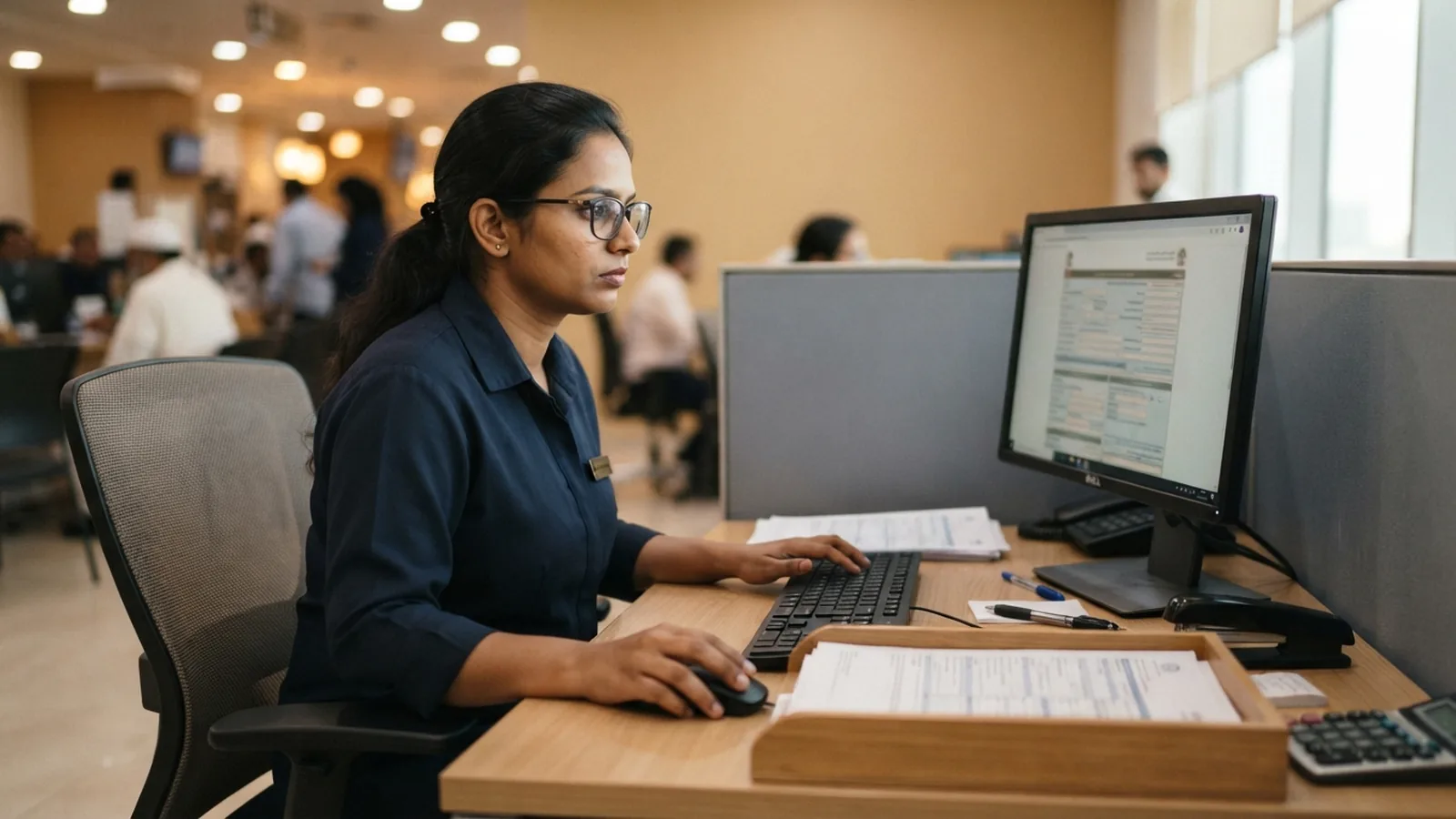 Typing centre agent completing a MoHRE work permit application on a government portal