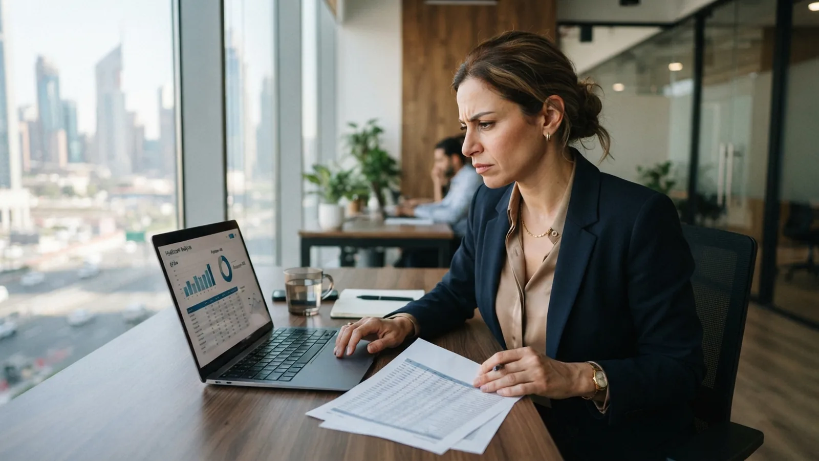 HR manager reviewing establishment card quota on a laptop in a Dubai office