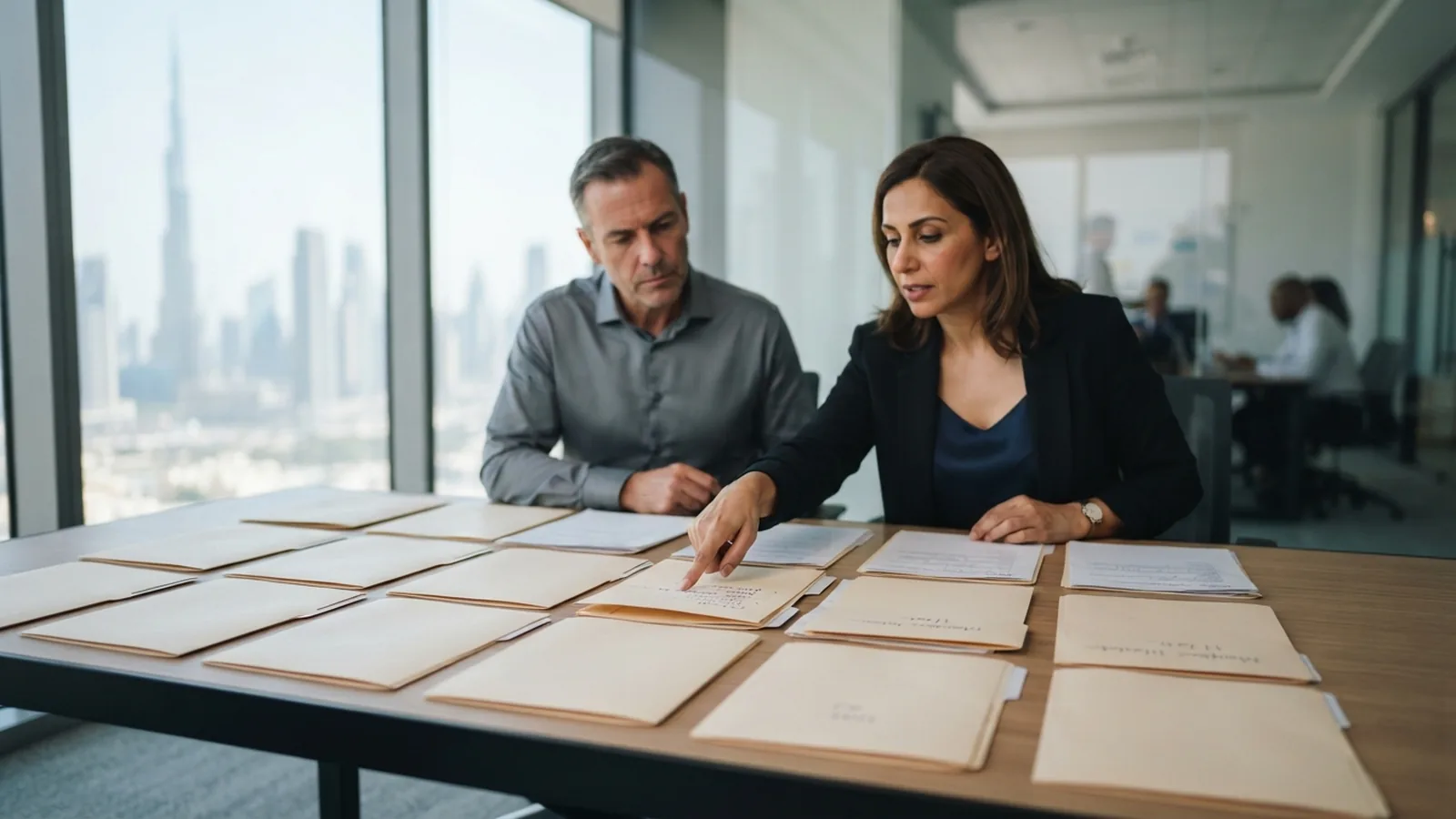 Employer and consultant comparing work permit categories at a desk