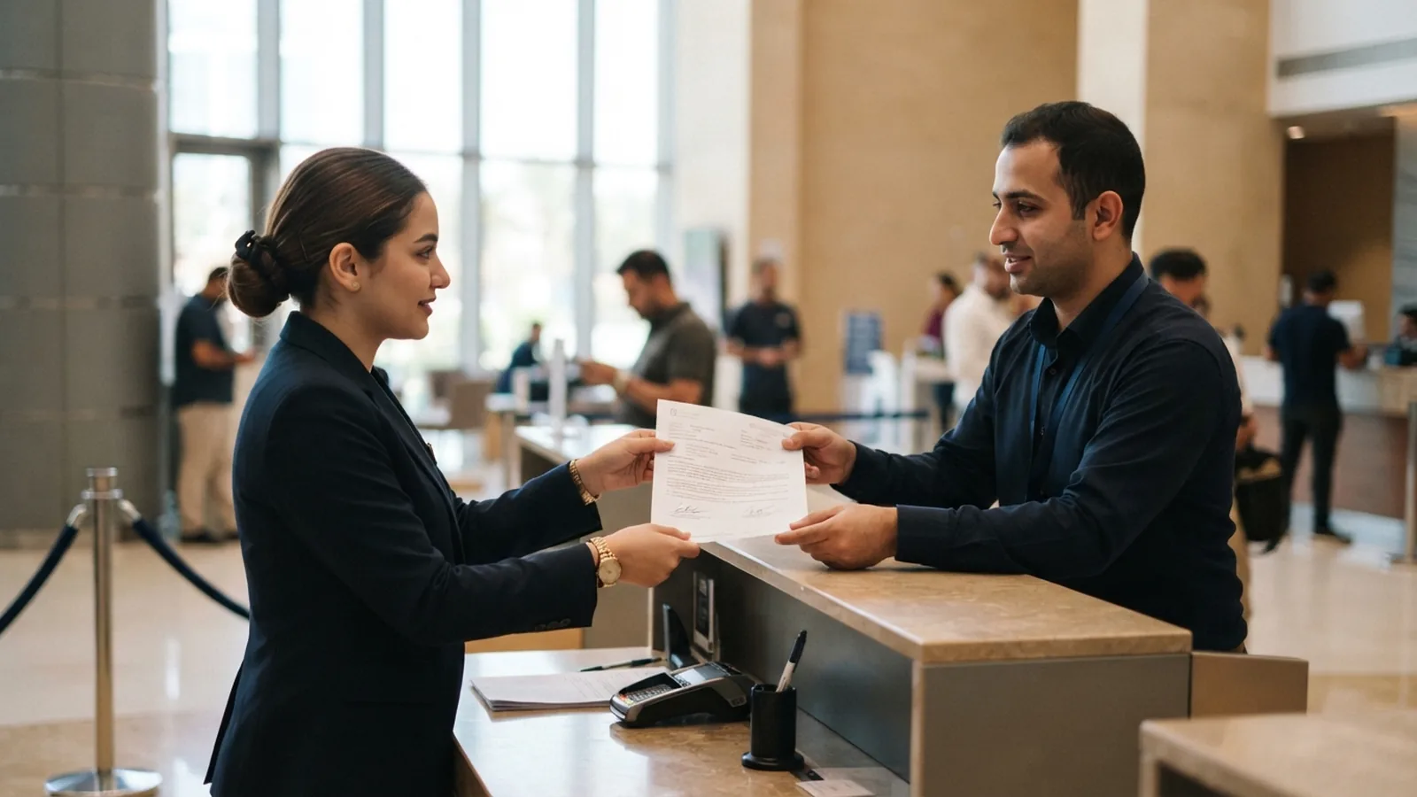Employee receiving a visa cancellation document at a Dubai service centre