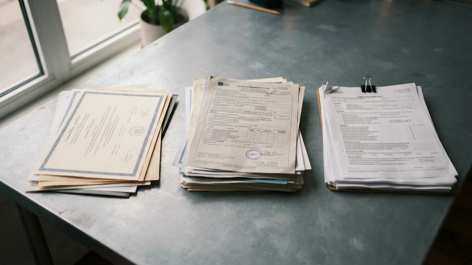 Educational certificates and company documents sorted for consulate legalisation