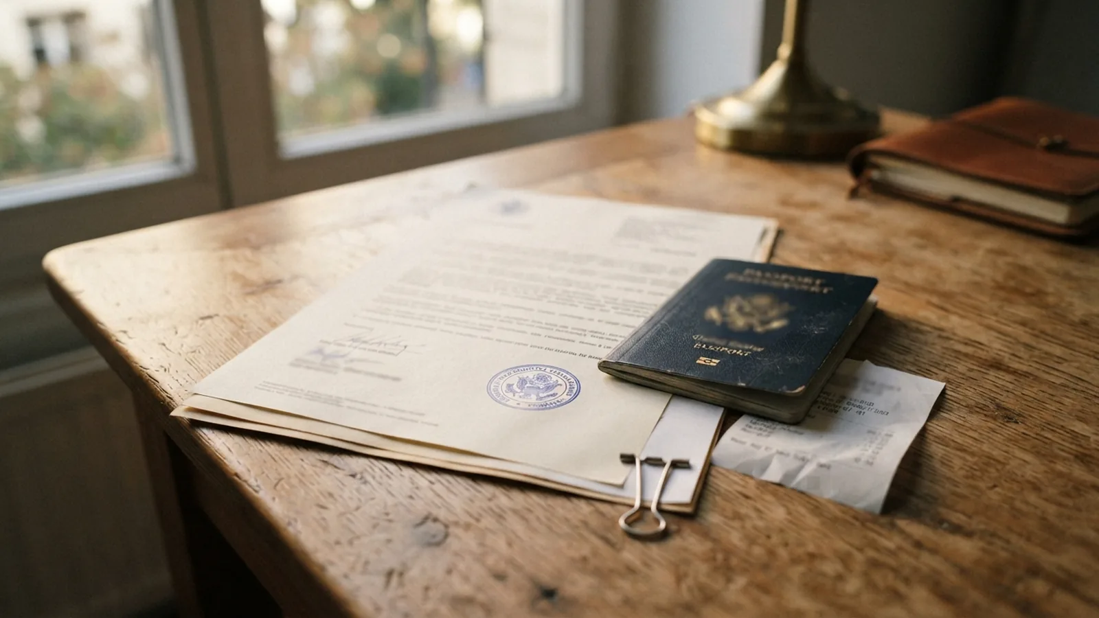 Legalised document with consular stamp beside a passport on a desk
