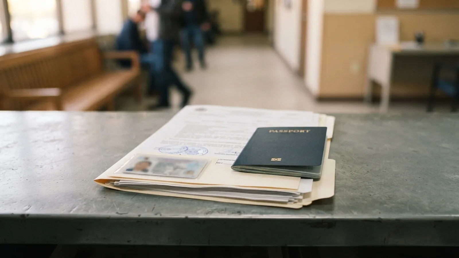 Documents and passport prepared for consulate submission on a Dubai office desk