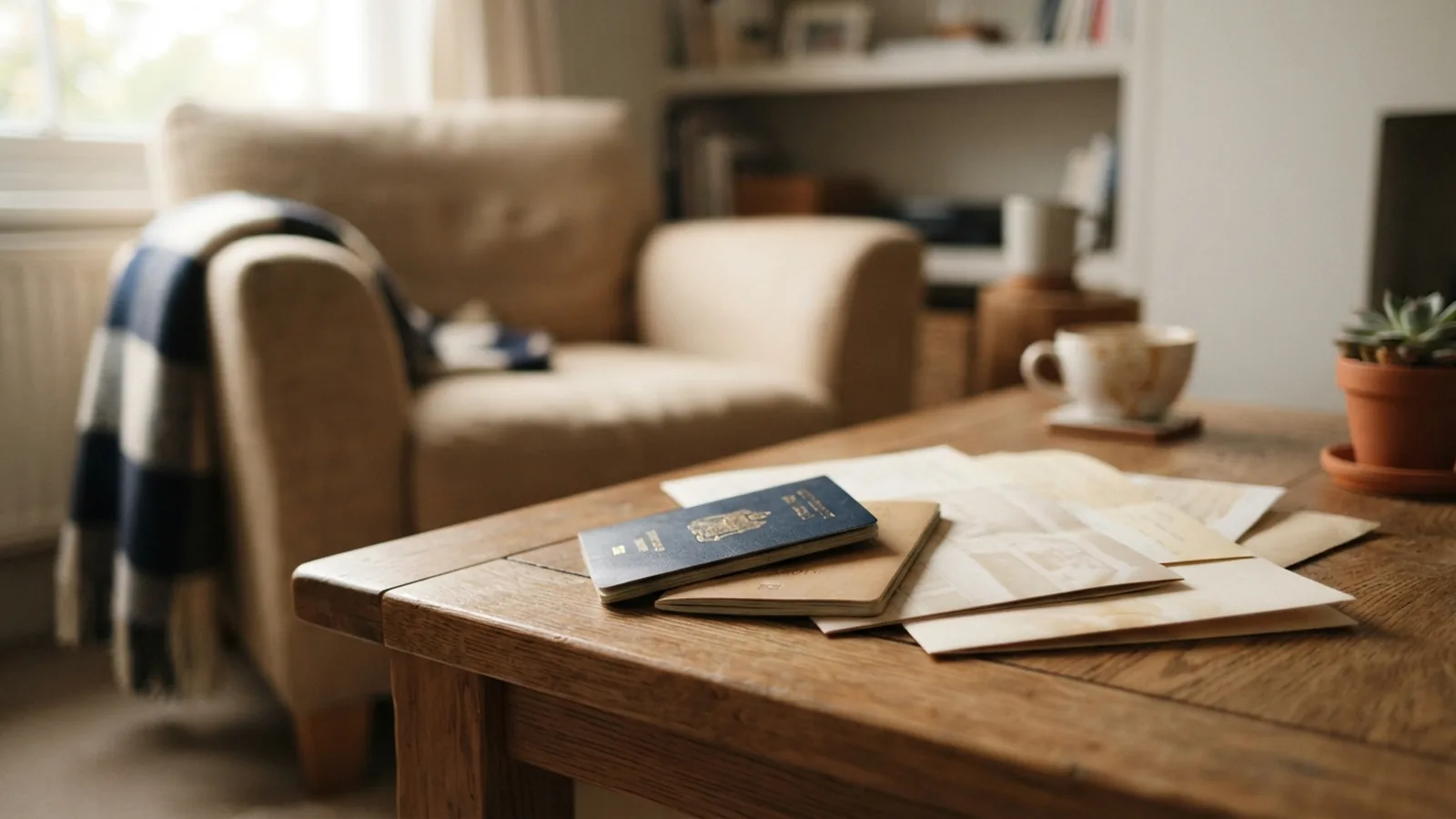 Passports and family documents on a table in a calm living room