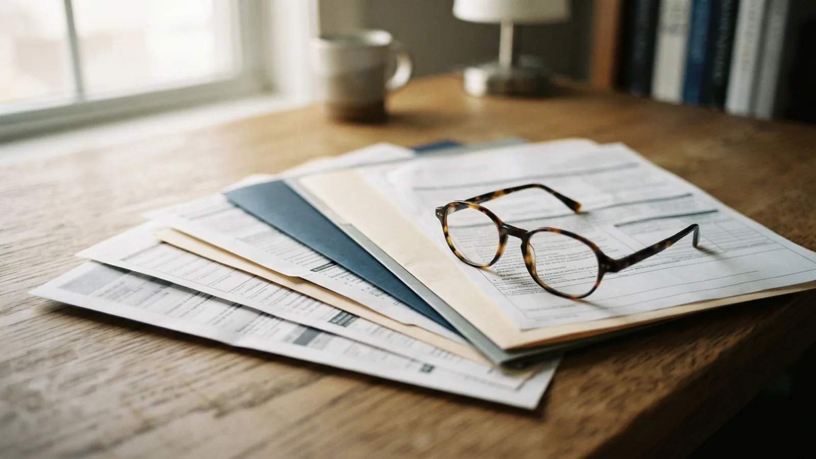 Insurance paperwork and identity documents laid out on a desk