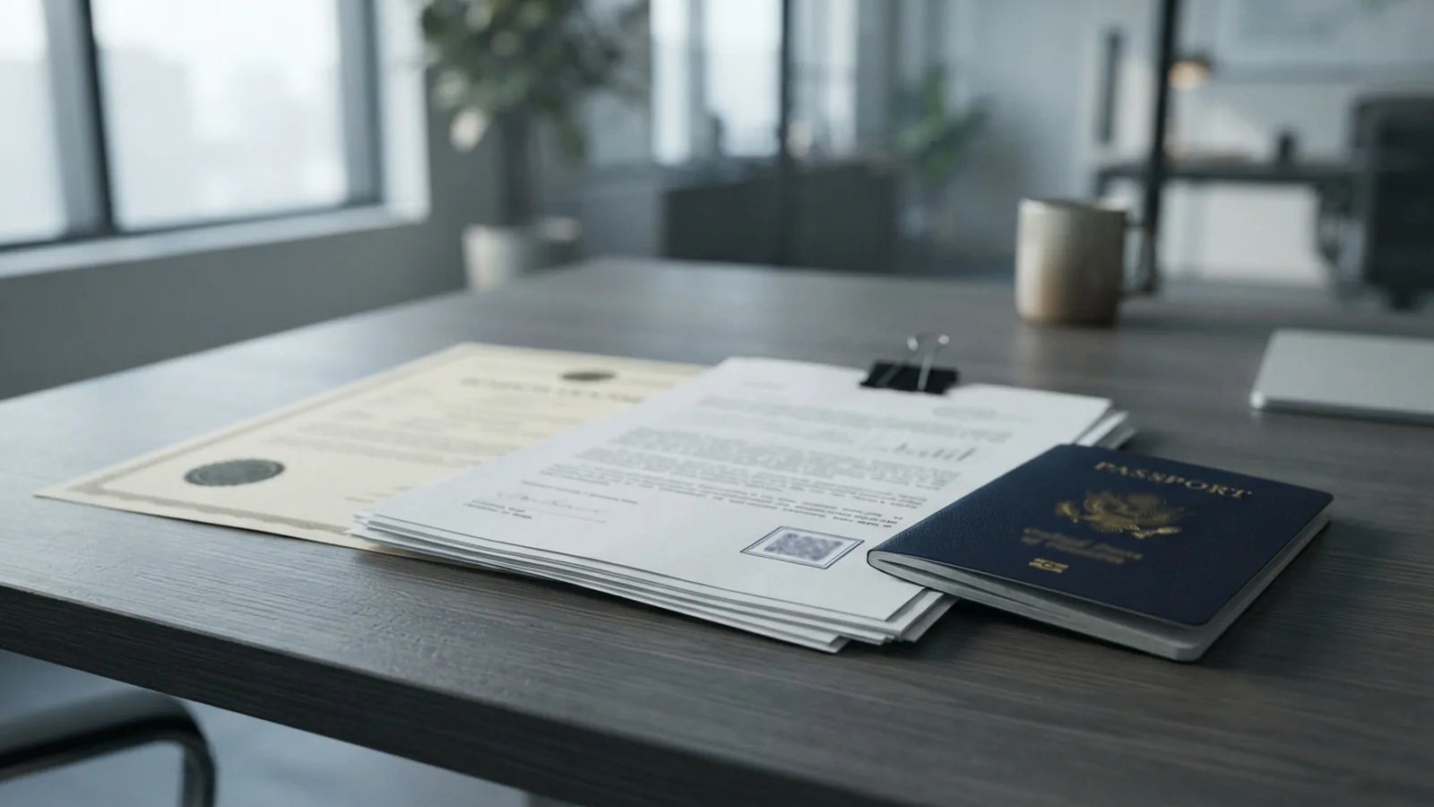 Trade licence and corporate documents on a desk beside a dark passport