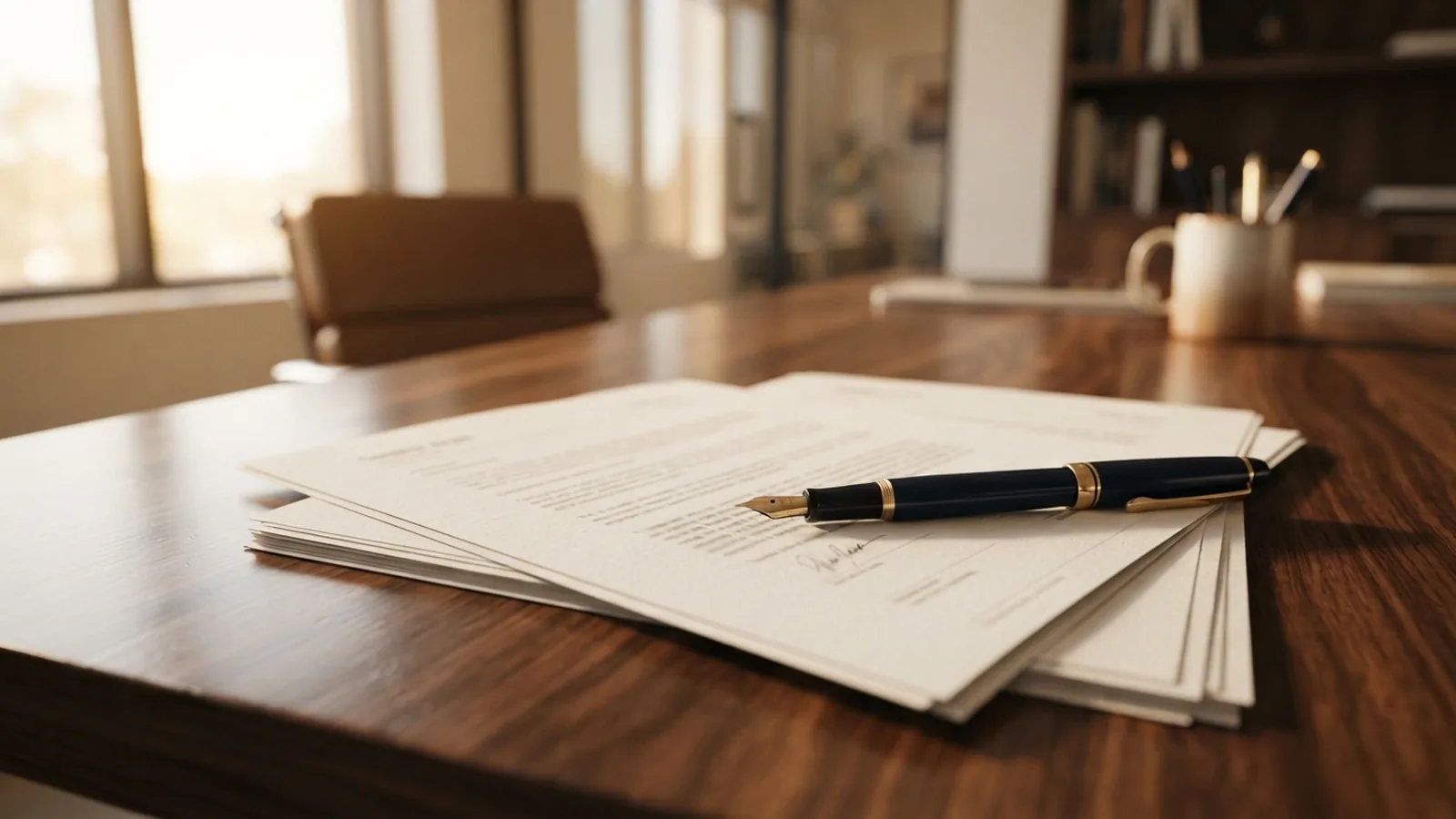Company paperwork with a fountain pen resting on top