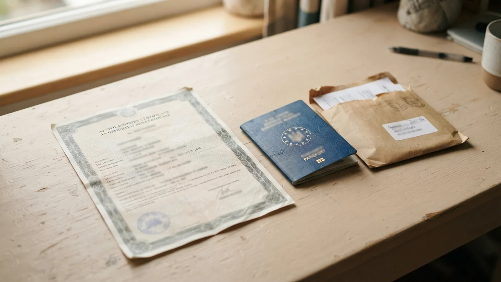 Civil certificate on security paper resting beside a dark passport